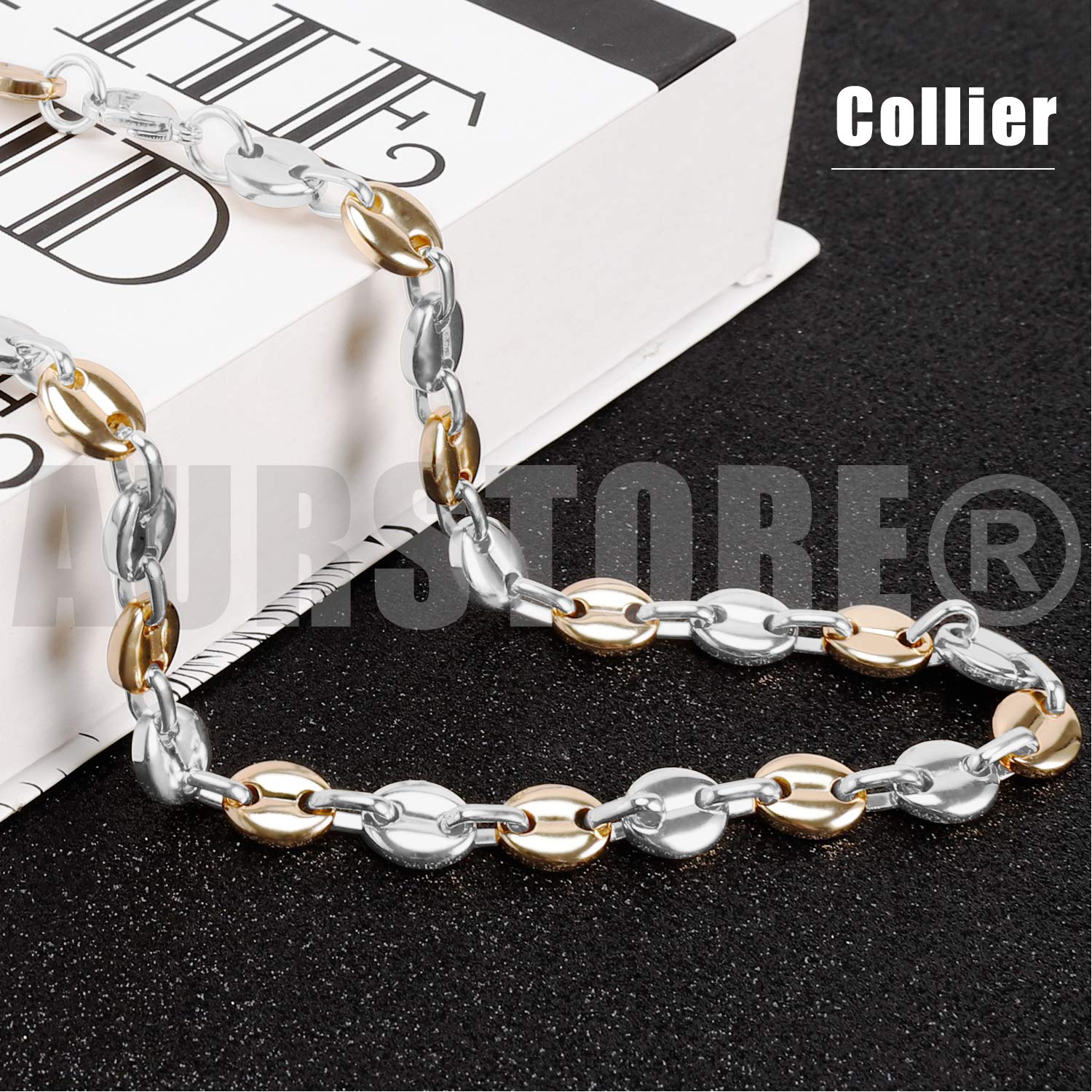 AURSTORE Parure Bracelet ET Chaine Homme Acier INOX Massif Grain DEà café Taille Couleurs AU Choix (9mm, Argenté-Or)