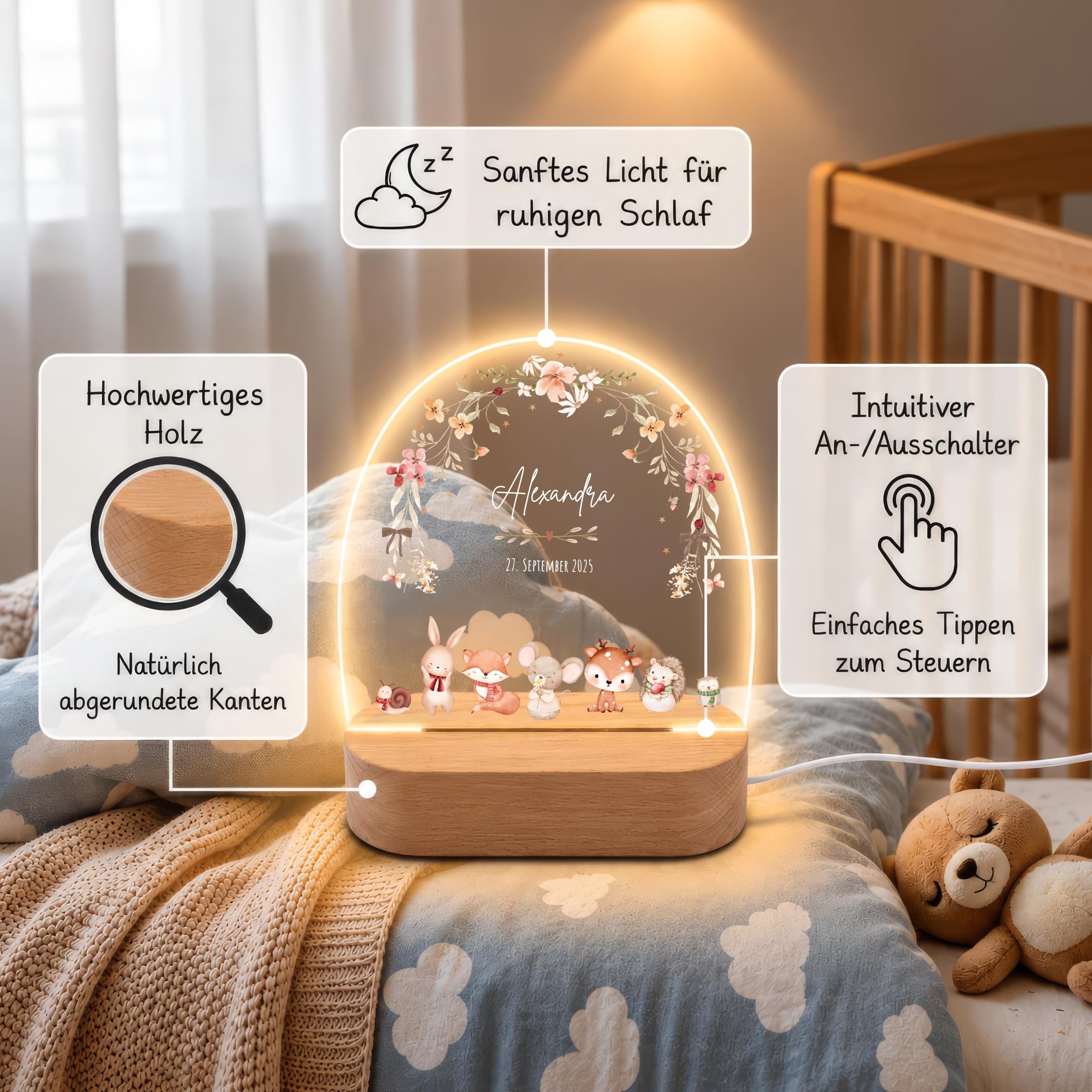 VILLA ROSA LOTTA Personalisiertes Nachtlicht für Babys mit Namen - Individuelle Geschenke Baby - Geschenk Zur Geburt Mädchen und Junge Personalisiert- Nachttischlampe Zur Geburt