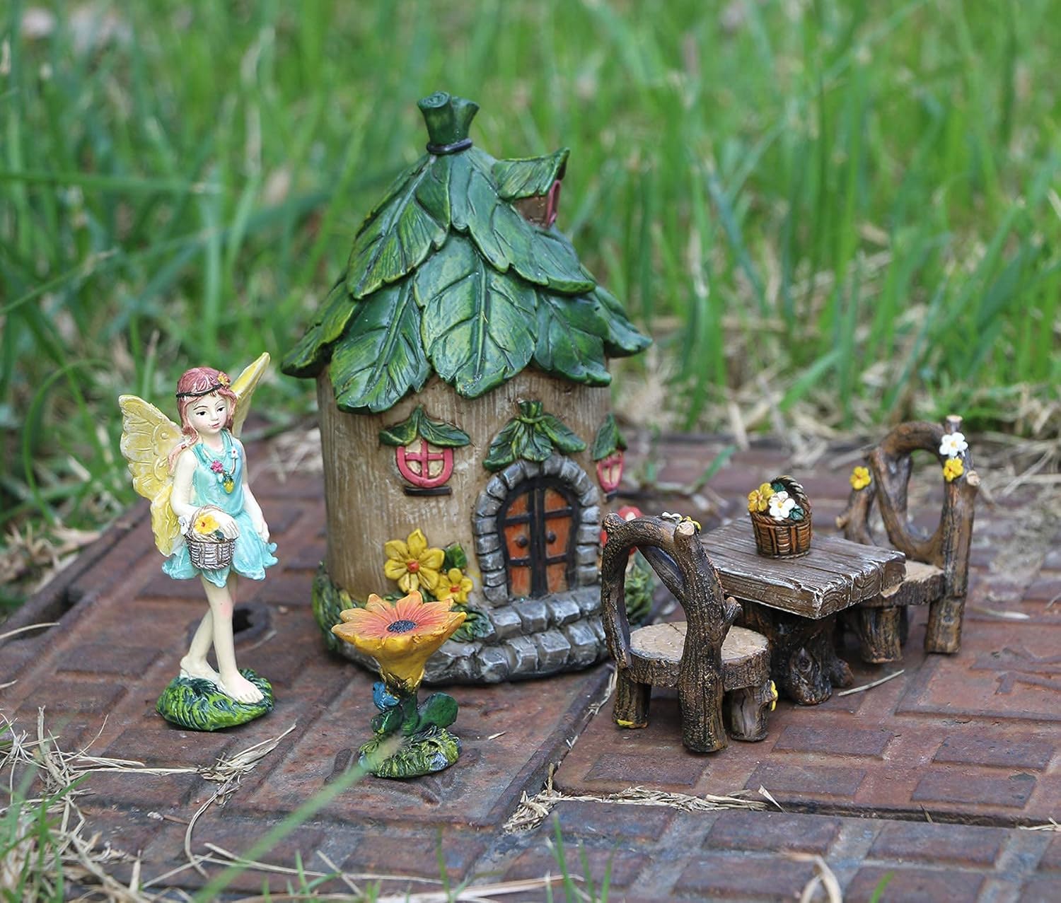 BangBangDa Mini Fairy Garden Accessories Outdoor - 35PCS Fairy Garden Fairies Kit for Kids Green Fairy House Miniature Garden Ornaments Small Fairy Figurines Items Resin Fairy House Table Chair Set