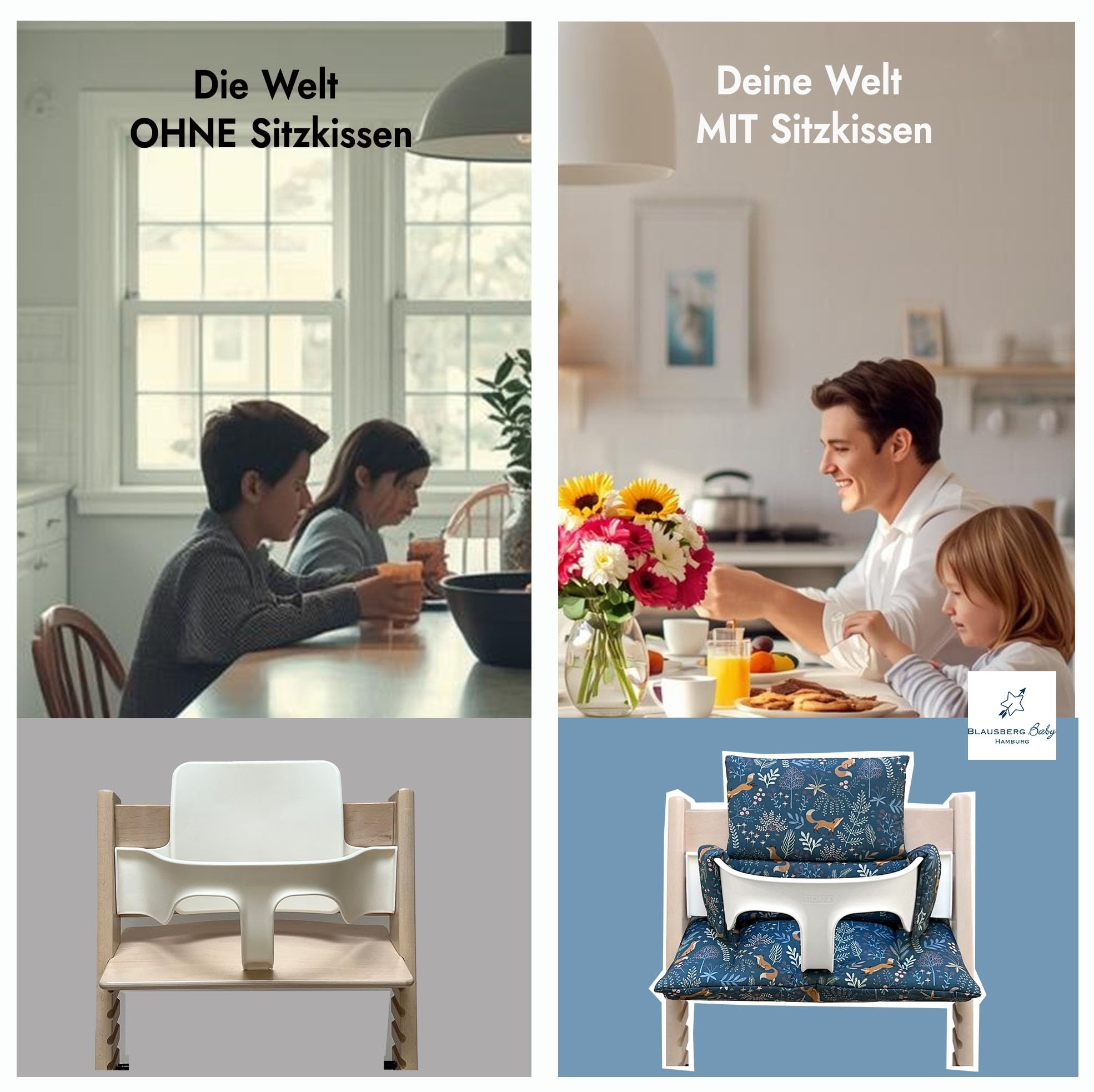 Blausberg Baby - Tripp Trapp Sitz-Kissen Set für Stokke Hochstuhl - 2-teilige Auflage/Polster/Sitzverkleinerer - Fuchs Blau, Material Oeko-TEX Standard 100 Zertifiziert