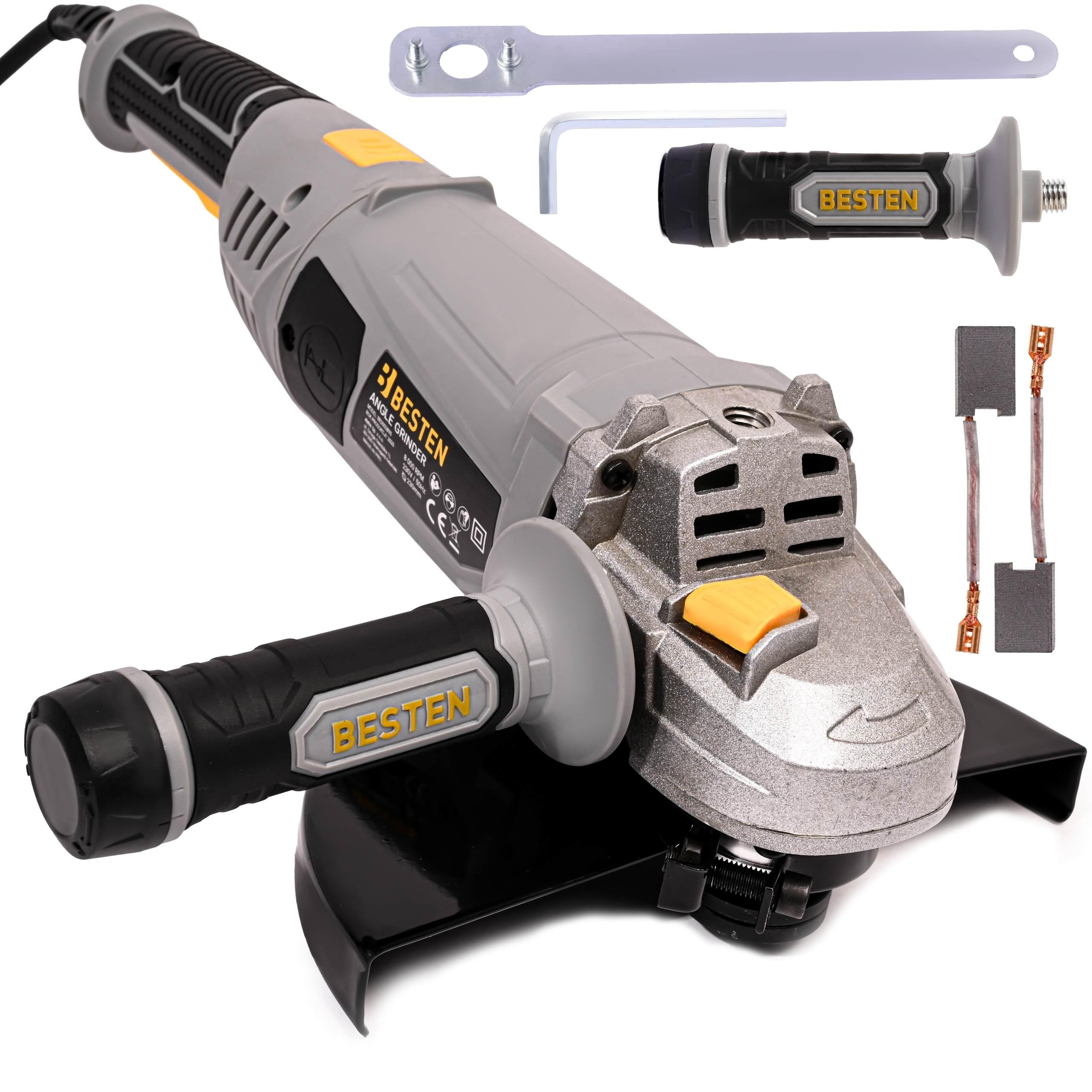 Szlifierka kątowa 230 mm • 2400 W • 6500 obr/min • Soft Start • gwint M14 • rękojeść obrotowa 180° • uchwyt 3-pozycyjny • walizka • BESTEN BE0002930