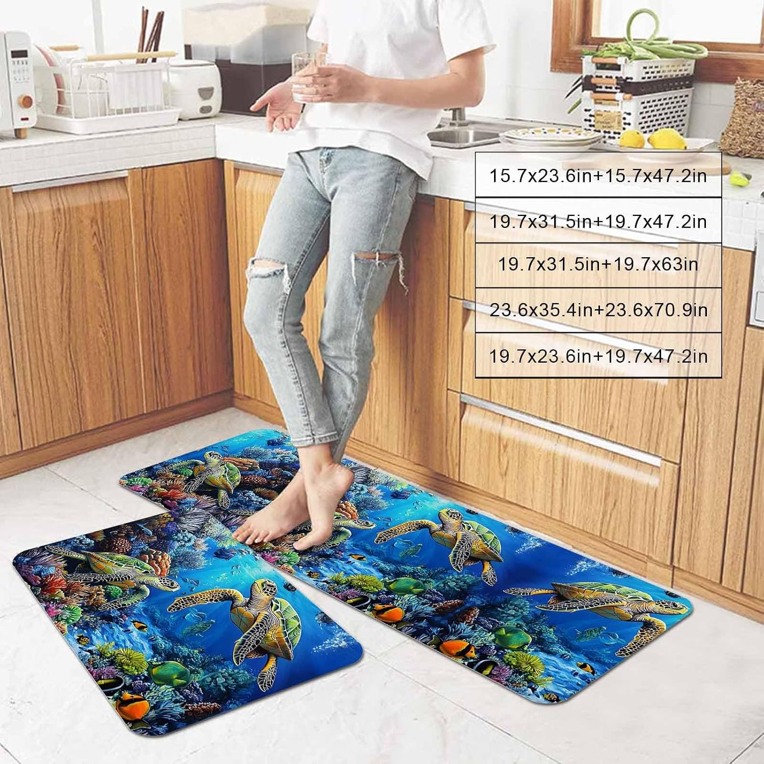 Sea Turtle Fish Coral Kitchen Rug and Mat,Washable Floor Mats Standing Cushioned Set of 2,Blue Ocean Underwater World Slip-Proof Doormat Runner Rugs for Indoor Bathroom Laundry Sink