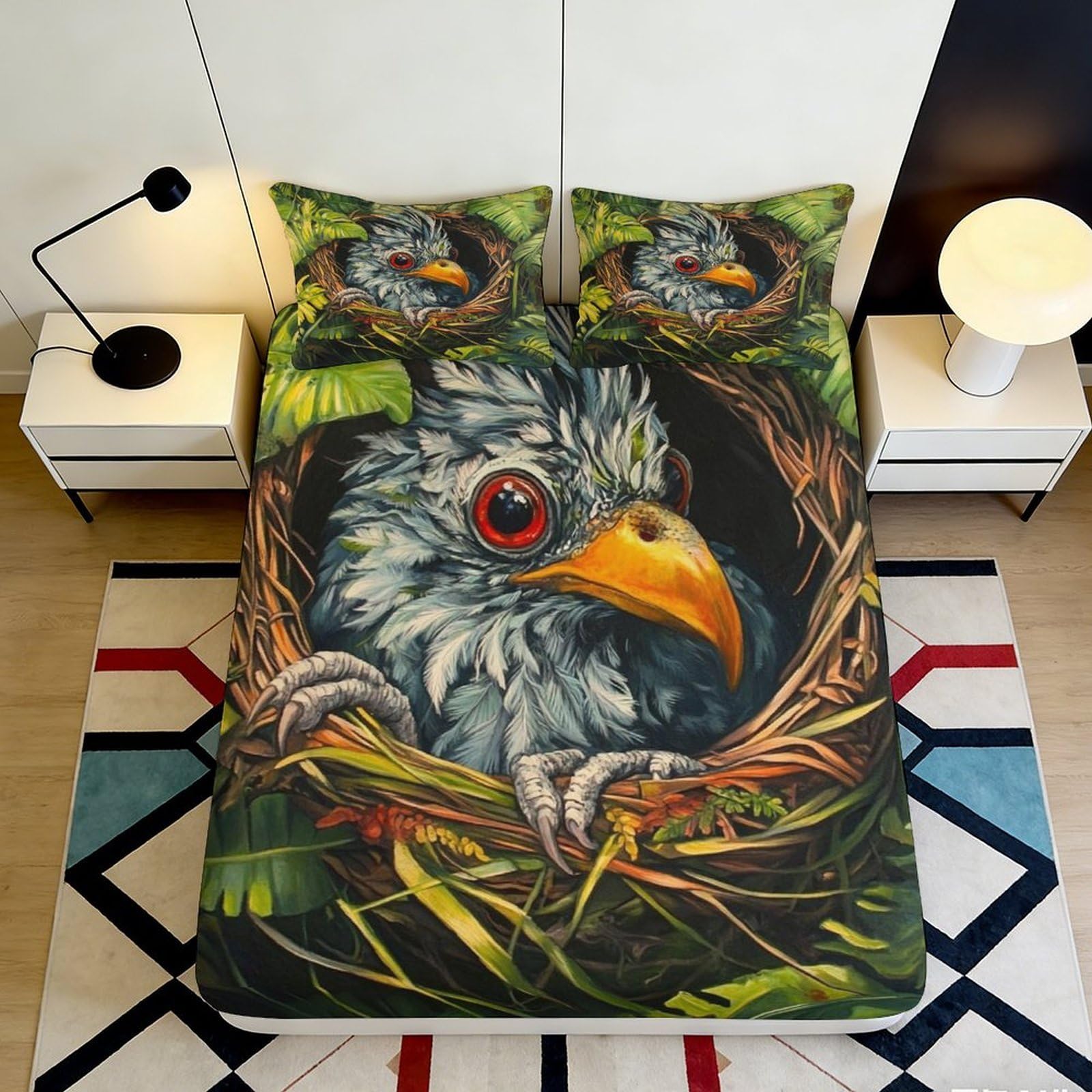3D Printed Bird Nest Fitted Sheet Microfiber Soft Breathable Forest Eagle Bed Cover for Bedroom Dormitory Guest Room Mattress Protection Decor 140x200x25cm