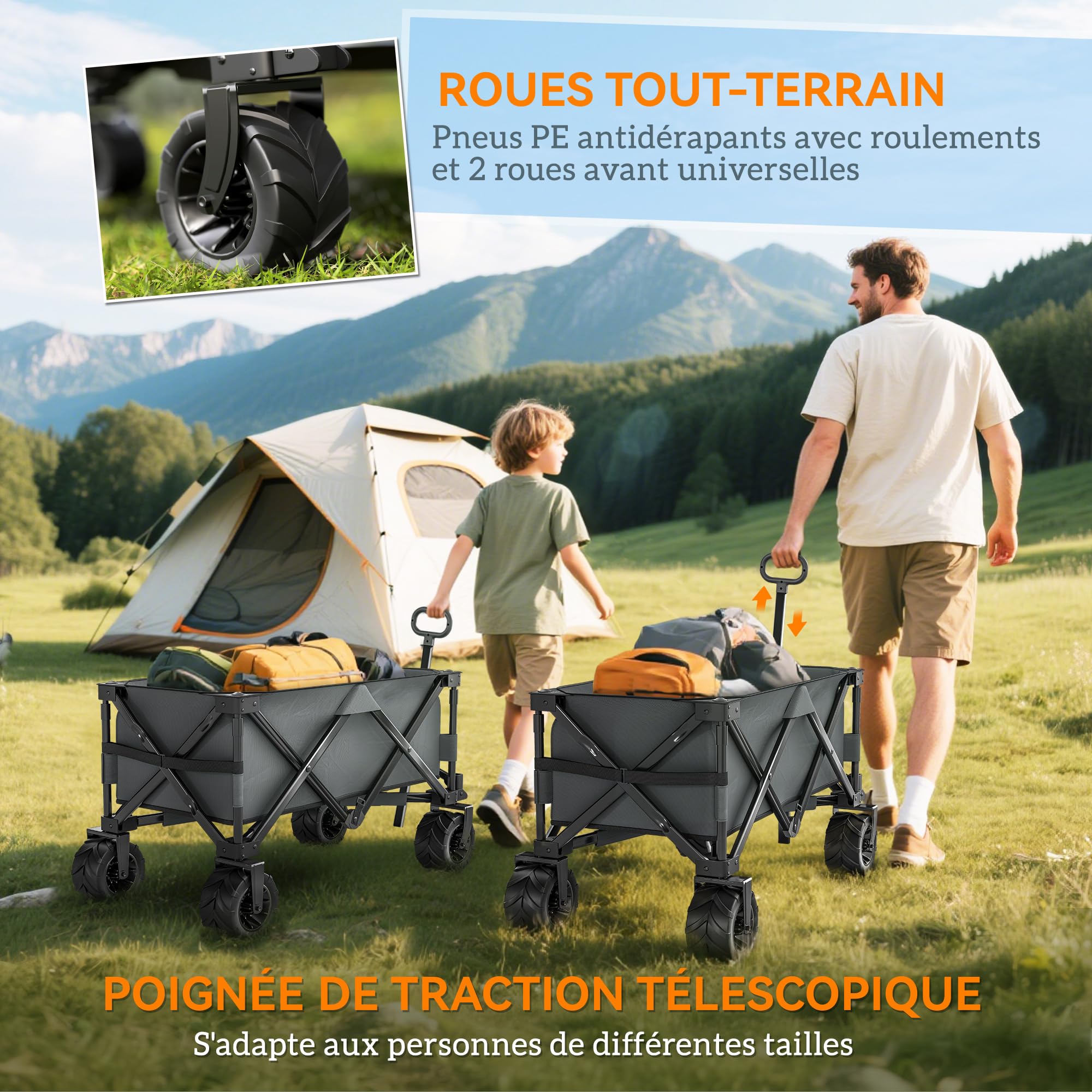 Outsunny Chariot de Plage Pliable Poignée Réglable 70 kg Gris Foncé | Chariot de Transport à Roulettes Tout Terrain, Charrette pour Extérieur Camping Pique-Nique