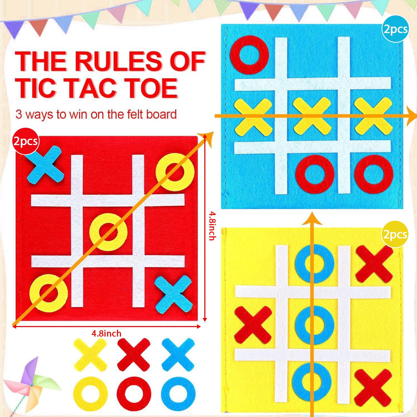 Juego de tres en raya de fieltro de 6 piezas, 12x12 cm, juego portátil para niños, ideal para fiestas, cumpleaños y la escuela (rojo, amarillo, azul).