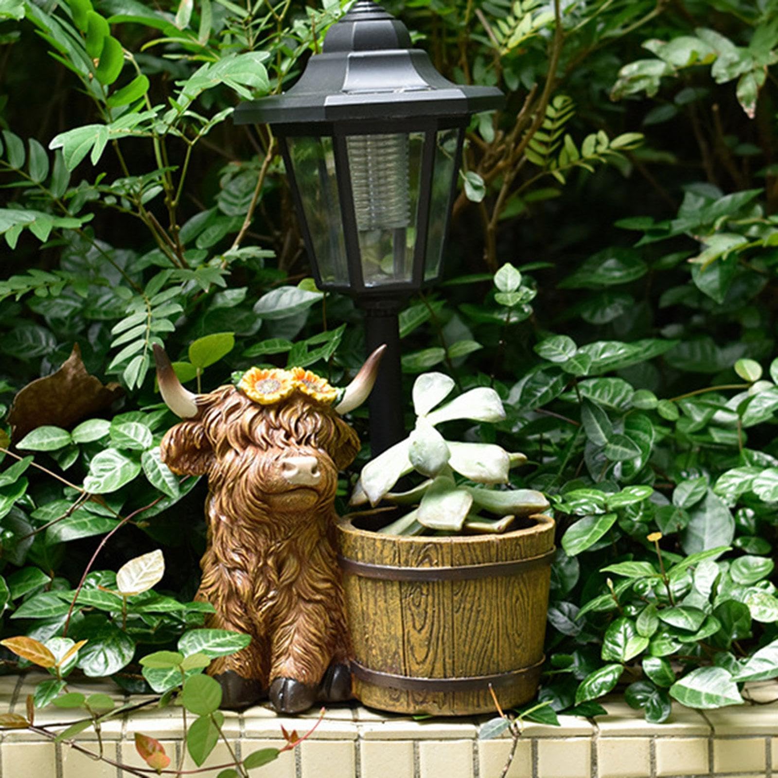 Statua Decorativa di Mucca con Luci Solari, Lampada da Giardino Moderna, Scultura Animale per Cortile, Cortile E Giardino, Secchio di Legno