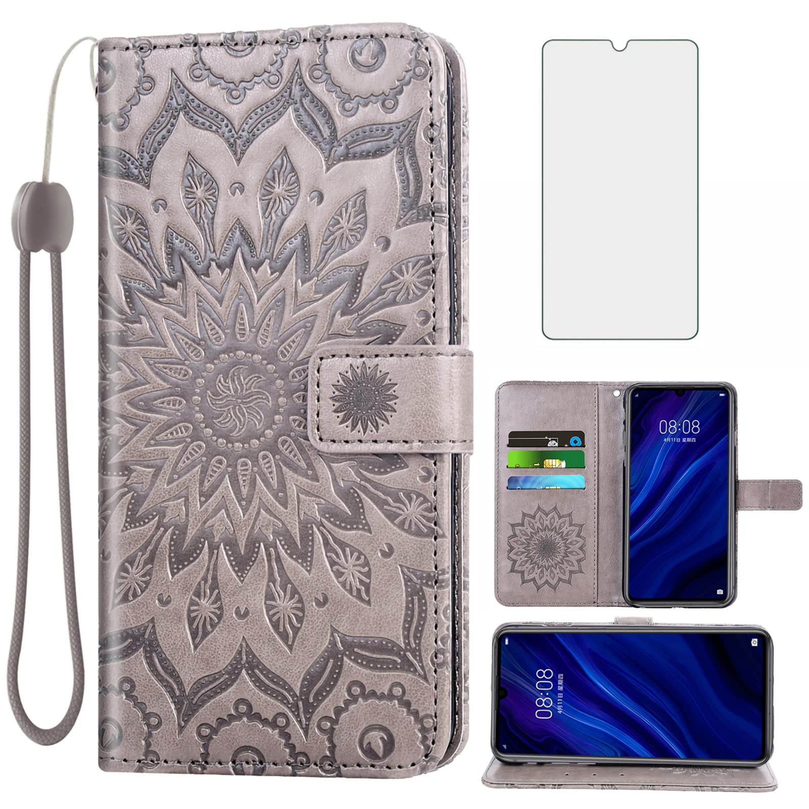 Asuwish Custodia per Huawei Honor 9 Portafoglio con Pellicola Protettiva Schermo in Vetro Temperato e Pelle di Girasole Sottile Flip Cover Porta Carte