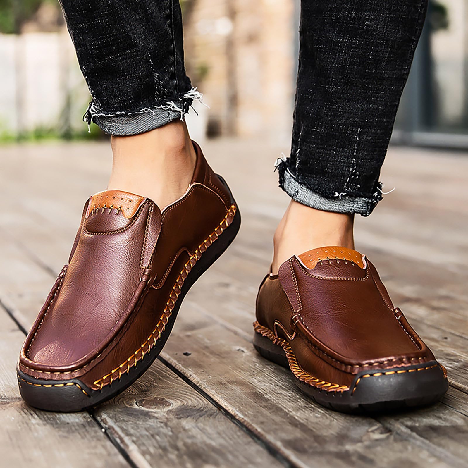 Mocasines de piel para hombre, cosidos a mano, zapatos de barco, zapatos de ocio, antideslizantes, para exteriores, resistentes al desgaste, zapatos de senderismo, suelo plano, transpirables, zapatos