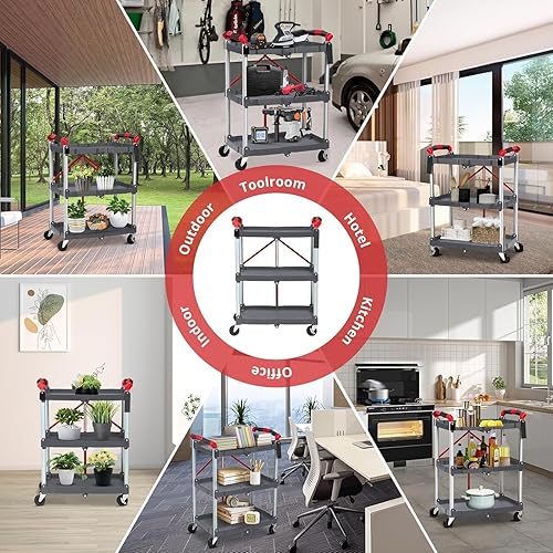 Miniatura 8 de Carrito de servicio plegable portátil de 3 niveles, carrito plegable con ruedas, capacidad de carga de 56 libras por estante, carritos plegables