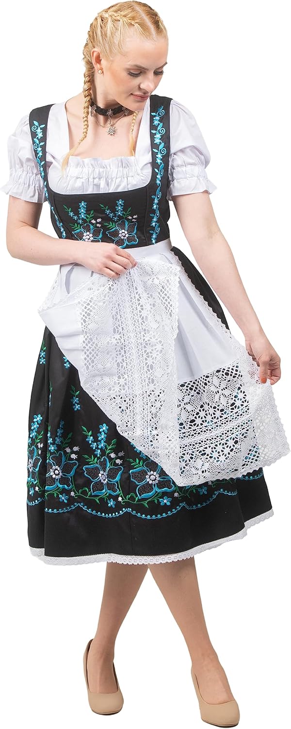 Dirndl Trachten Haus 3 Piece Womens Black Long German Dirndl Dress set For Oktoberfest & Halloween