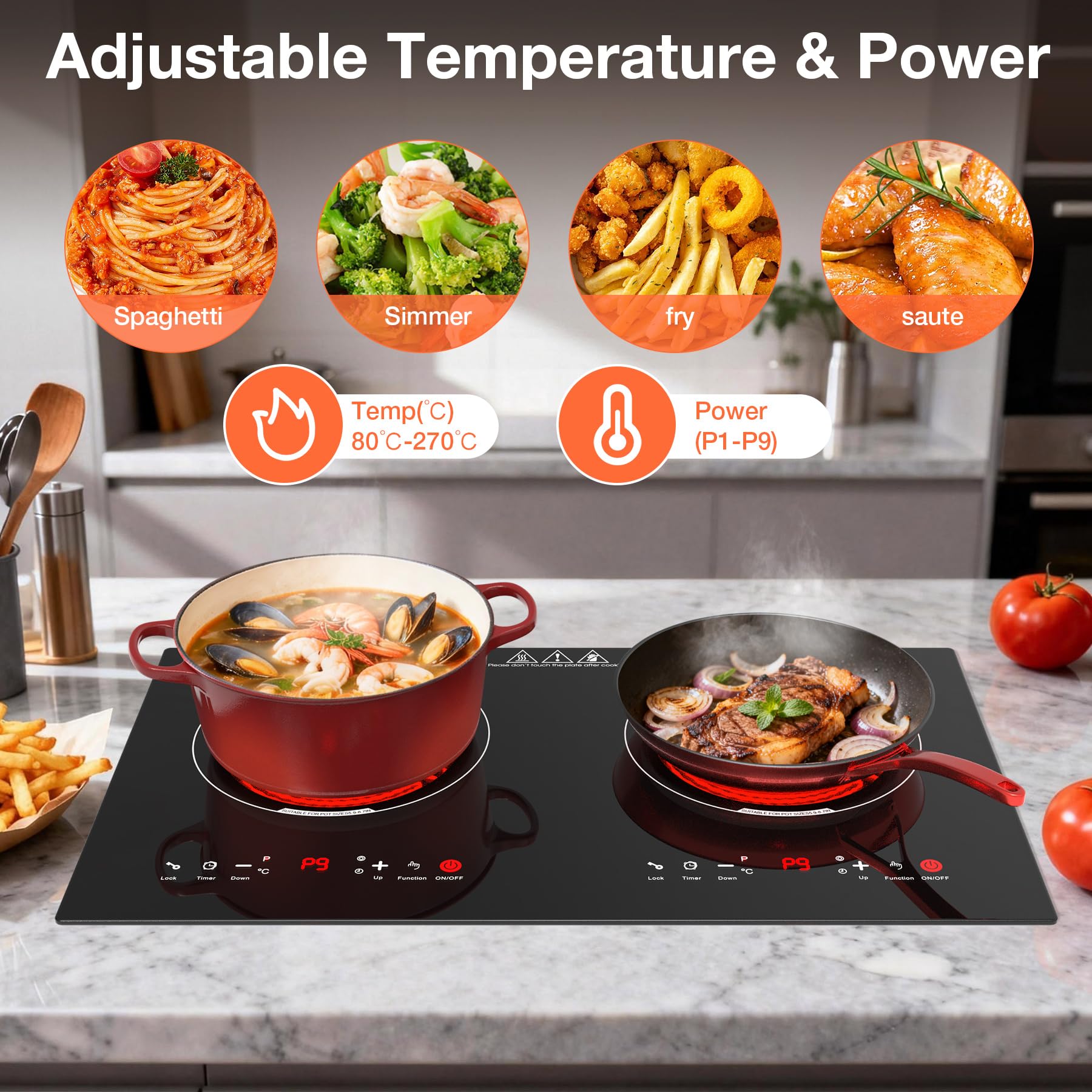 Placa Vitrocerámica 2 Fuegos 3600W, Placa de Cocción Eléctrica 60cm con 9 Niveles de Potencia, Temporizador 4H, Compatible con Todas las Ollas, Encastrable o Sobremesa