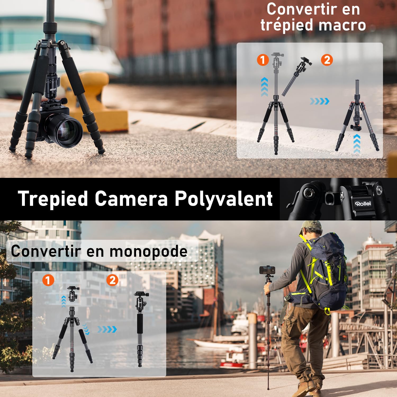 Rollei Compact Traveler No.1 Carbone Noir, 145cm Trepied Appareil Photo Voyage avec Rotule Ball & Téléphone Support Trépied Ultra Léger pour Sony Canon Nikon DSLR, Trepied-Appareil-Photo-Tripod-Voyage