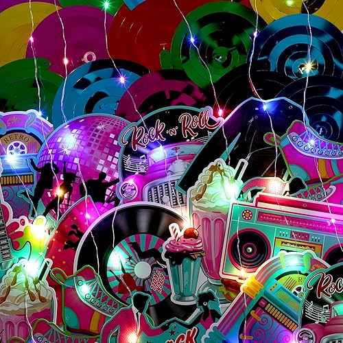 Miniatura 5 de Skyygemm 56 piezas de decoraciones colgantes de los años 50 con luces retro de rock and roll, remolinos colgantes de disco de música, recortes de