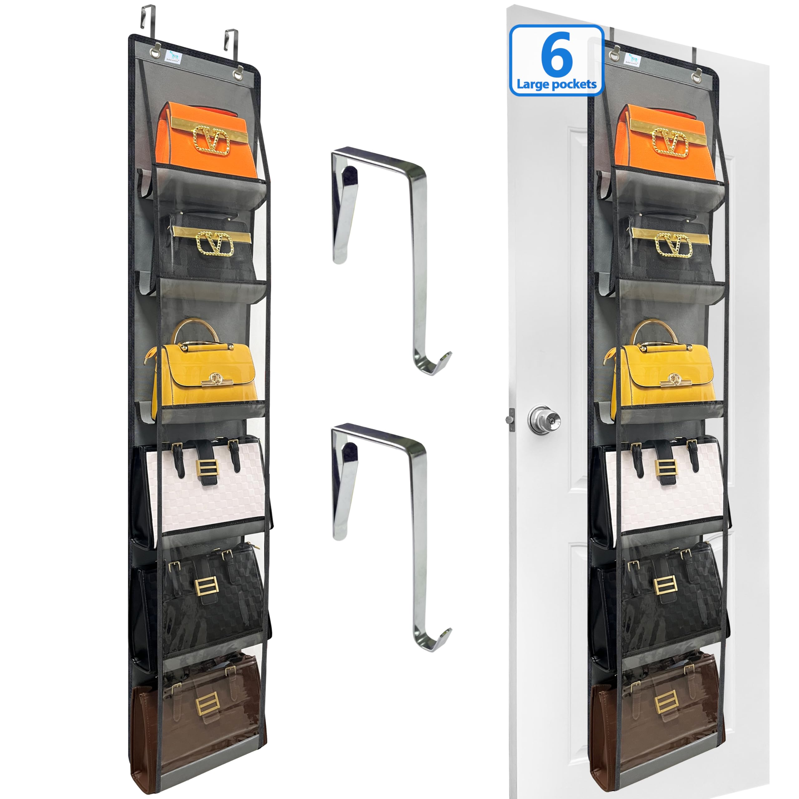 Zebricolo, over the door purse organizer, 2-pack, holds bigger bags, purse organizer for door,Heavy Duty hooks (do not damage the door frame)purse organizer for closet door,purse organizer,Grey/Black