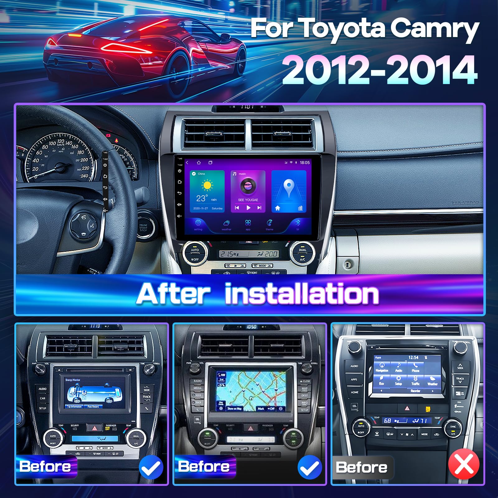 LASERTAIL 8 Core Car Stereo Radio for Toyota Camry 2012 2013 2014 Support JBL Carplay Android Auto 5Ghz WiFi 10.1 Inch Camry Touch Screen Head Unit GPS 48EQ SWC AHD Backup Camera 2+32 GB