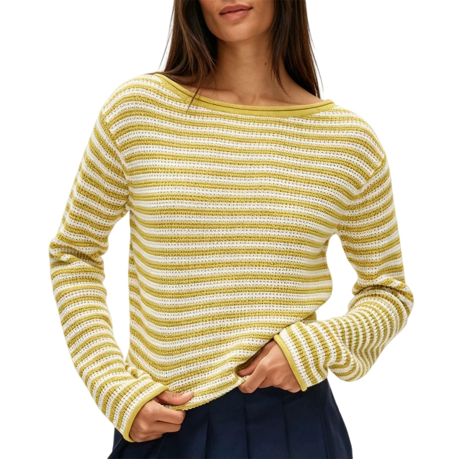 Maglione da donna a righe leggero con scollo a barca a maniche lunghe Top