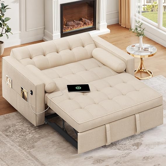 DWVO Sleeper Sofa Bed 3-in-1 Convertible Couch with Pullout Bed, Reclining Backrest, USB, Storage Pockets – Modern Space Lounge Furniture for Living Room, Includes Toss Pillows,Beige