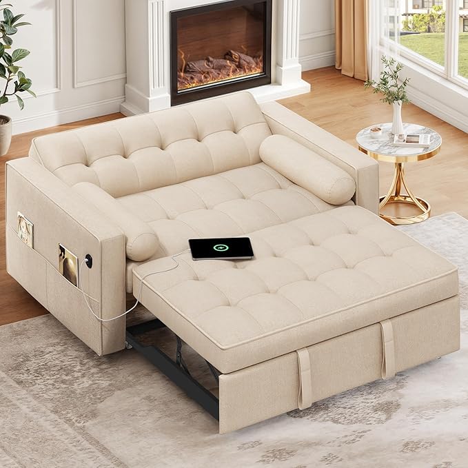 DWVO Sleeper Sofa Bed 3-in-1 Convertible Couch with Pullout Bed, Reclining Backrest, USB, Storage Pockets – Modern Space Lounge Furniture for Living Room, Includes Toss Pillows,Beige