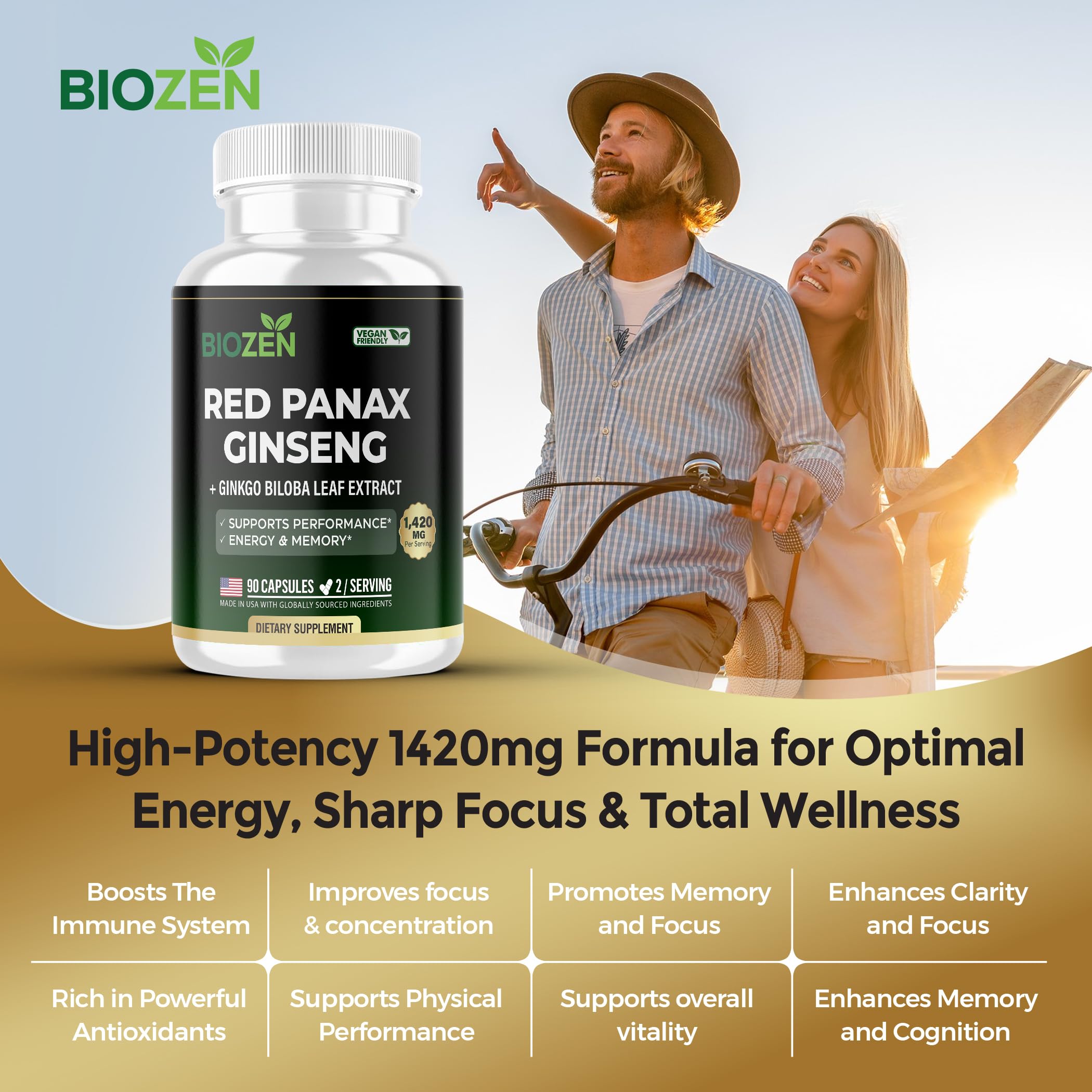 Korean Red Panax Ginseng 700mg + Ginkgo Biloba 720mg | 7% Ginsenosides Root Extract | Supports Energy, Focus & Mental Clarity | Adaptogen Supplement for Men & Women | 90 Vegan Capsules — Amazon image 5