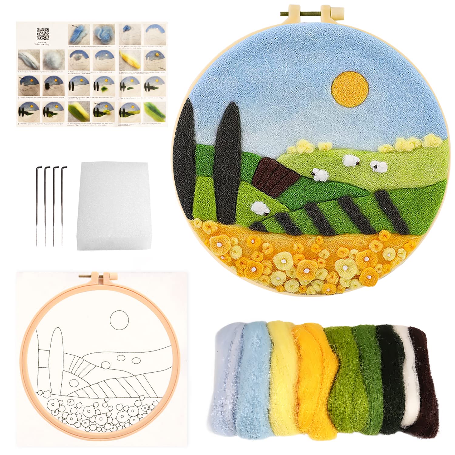 MAMUNUNeedle Felting Kit Beginners Adults Wool Painting Felt Wool Felting Kit for Home Decoration DIY Craft, Wool Needle Felt Set with Wool Felt Needle Picture Frame Foam Pad and Instructions