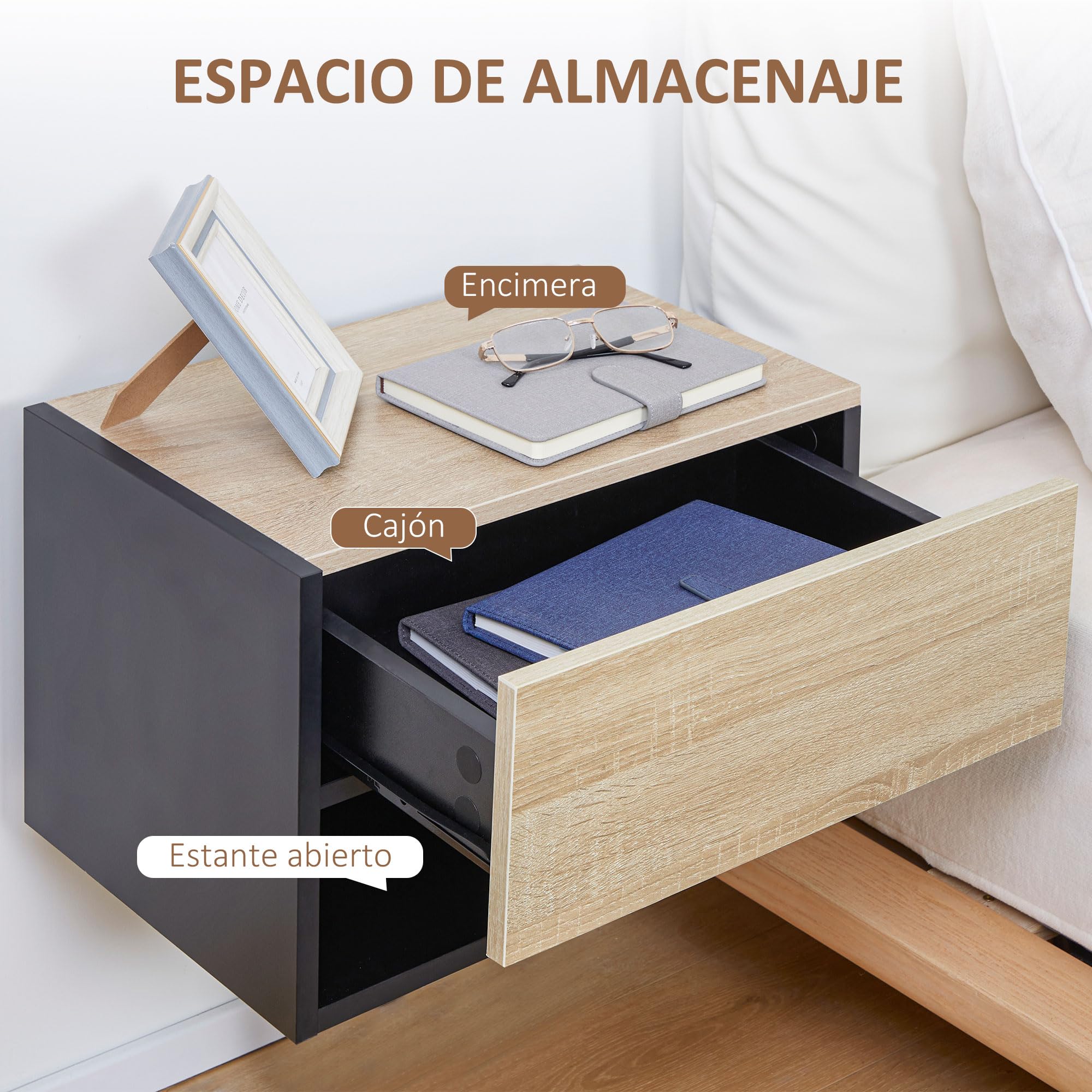 HOMCOM Juego de 2 Mesitas de Noche Flotantes Mesitas de Noche Colgantes con 1 Cajón y Estante Abierto para Dormitorio 46x30x30 cm Roble y Negro