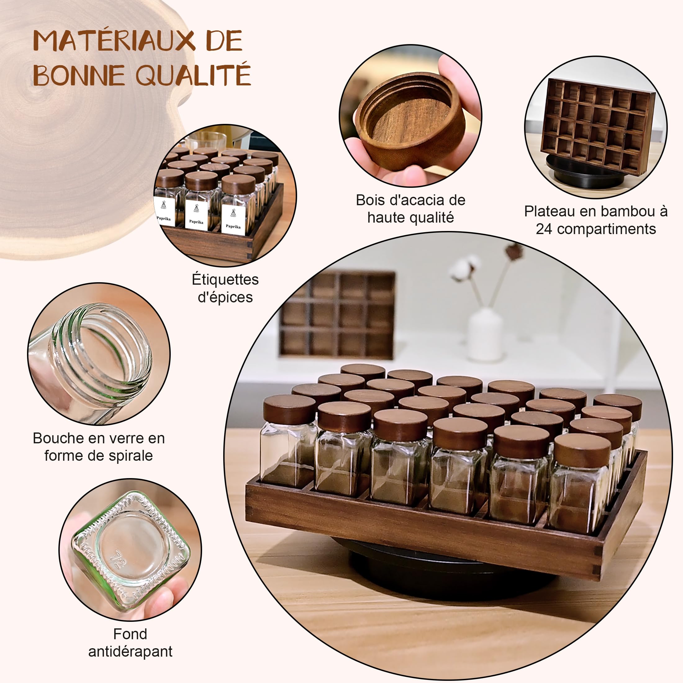 SAEIV 24 Pièces Pot à Épices en Verre et Bois Couvercles en Acacia, Bocaux Borosilicaté Sans BPA, Plateau en Acacia, Porte-Épices Hermétique, Étagère Compacte, Rangement Cuisine & Tiroir Gain de Place