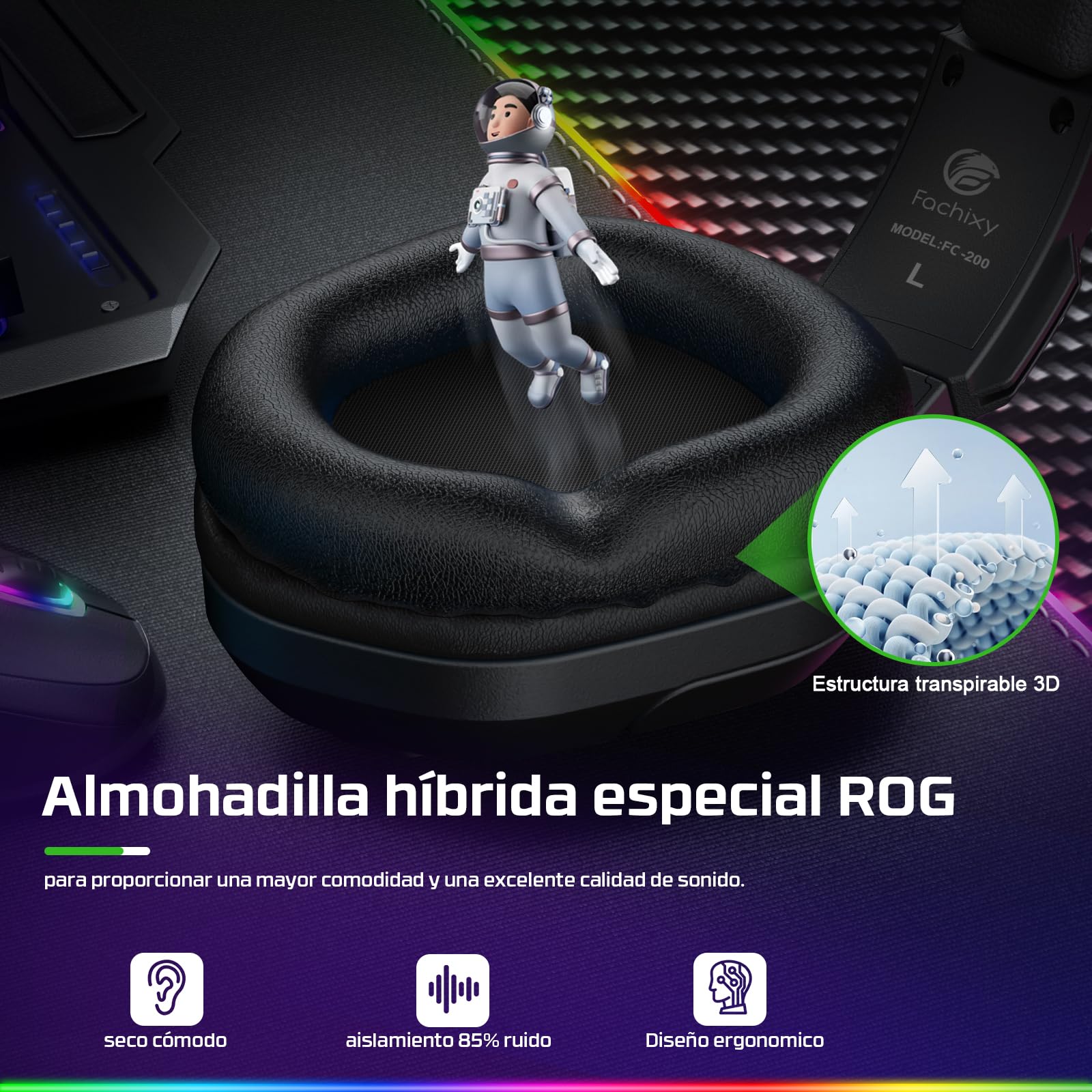 Fachixy FC200 Cascos Gaming para PS5, PS4, PC, Xbox One, Switch, Auriculares Gaming Cancelación de Ruido, Cascos con Microfono Estéreo Sonido, Cascos para PS5 con 3.5mm Jack con Luz RGB (PIEDRA Negra)