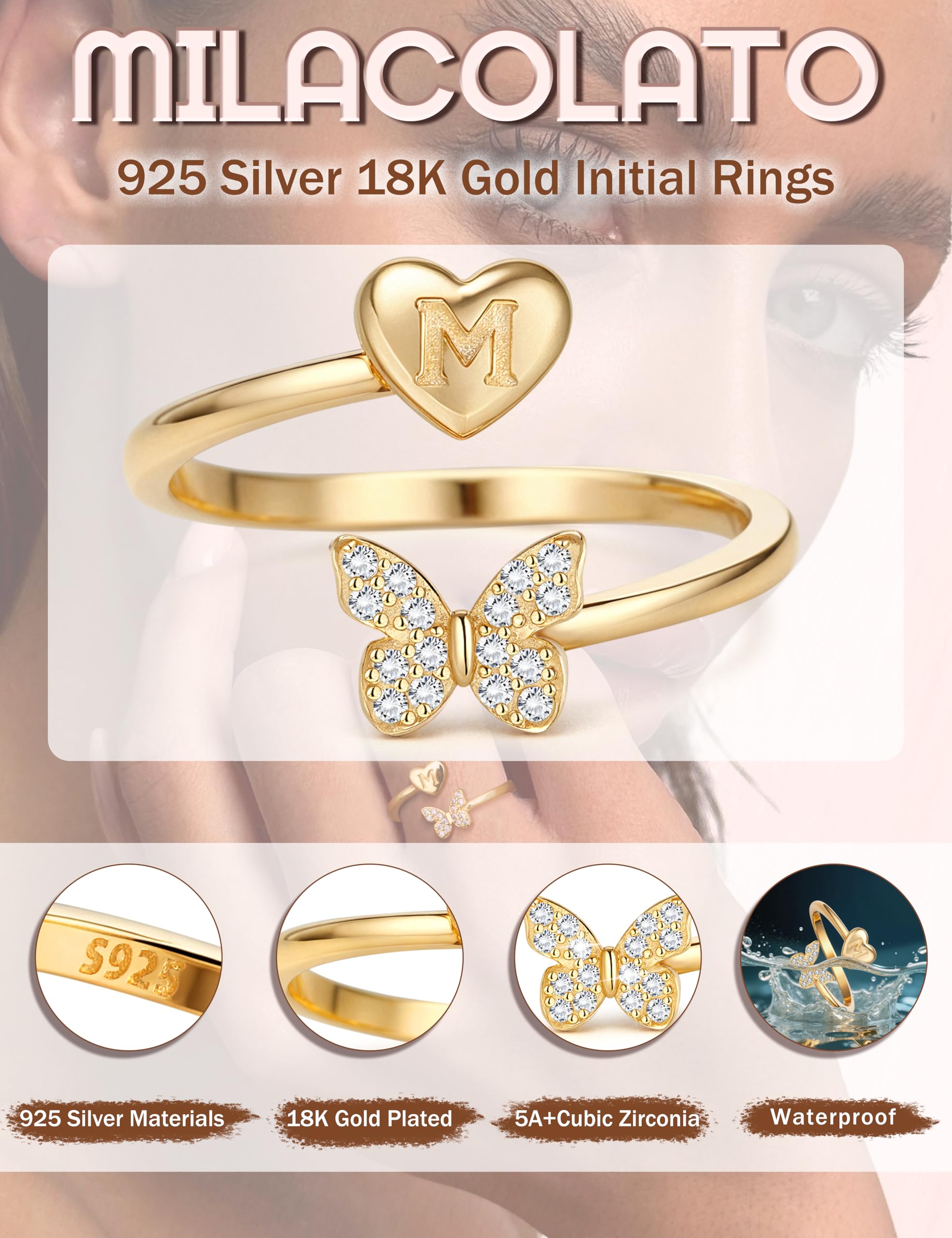 WBDWWTD MILACOLATO Ringe aus 925er-Sterlingsilber für Damen und Mädchen, hypoallergen, verstellbar, Versprechensringe mit Anfangsbuchstaben, Gold, offenes Schmetterlings-Design, stapelbarer Ring, 18