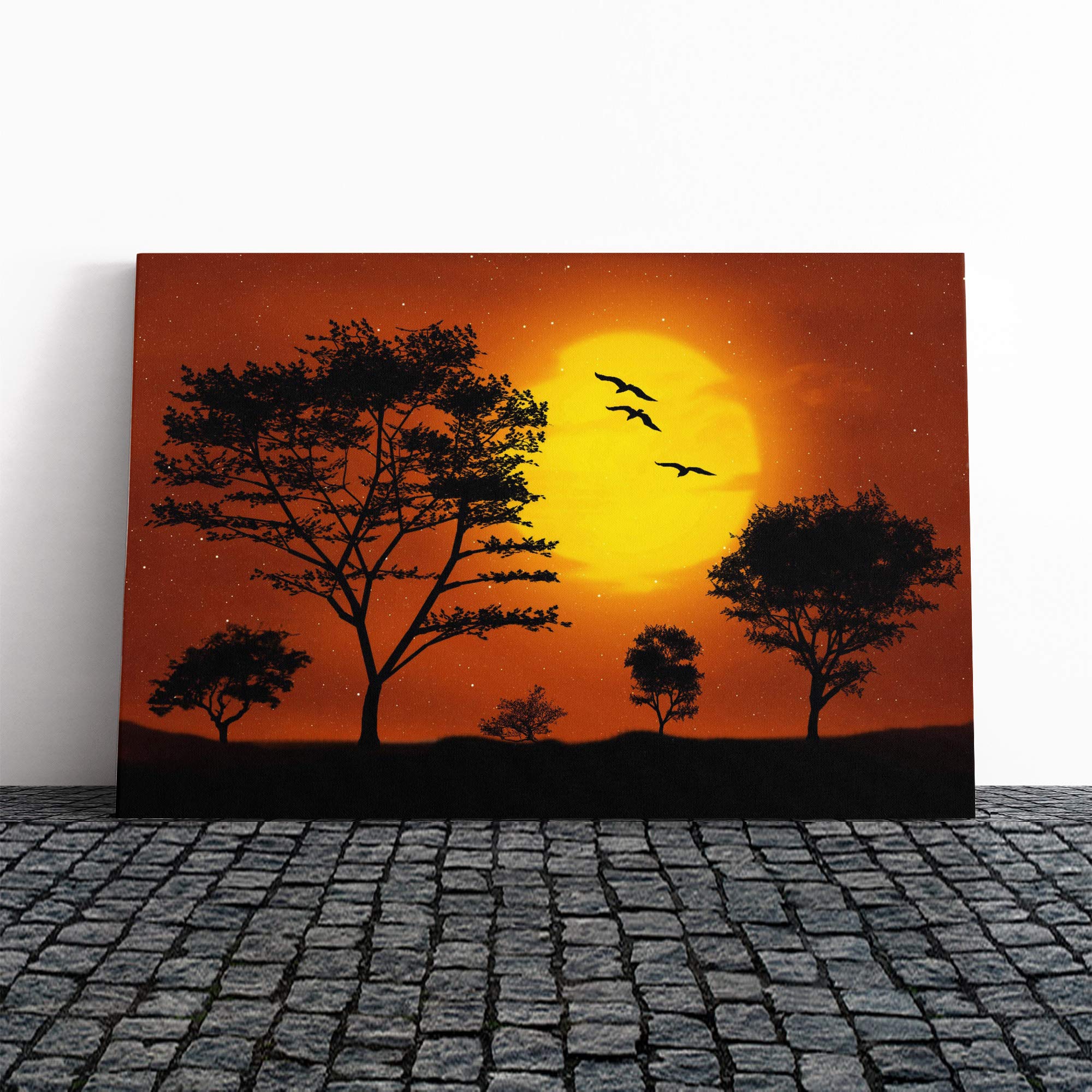 Landscape Trees Forest and Birds Sunset (2) Canvas Print | Gallery Wrapped 30mm Frame Wall Art | 24x16 inches | Ready to Hang | Contemporary Landscape Picture | Living Room Bedroom Lounge Office