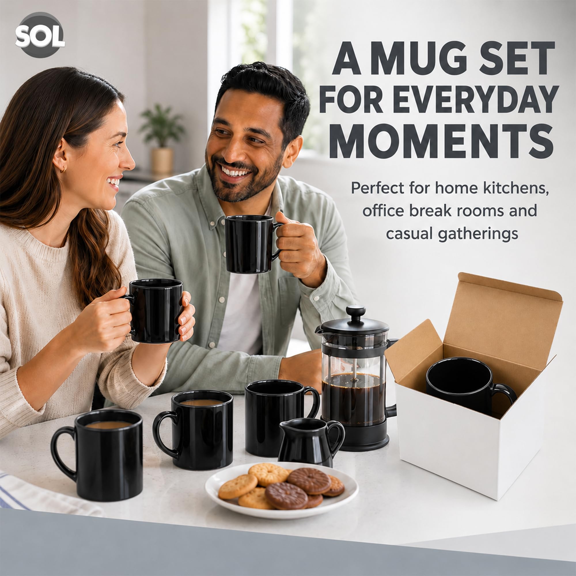 SOL Schwarze Steingut-Tassen, 325 ml, Keramikbecher für Tee und Kaffee, langlebiges Trinkgeschirr-Set für Zuhause, Büro, Café, Restaurant, stapelbares Design, mikrowellen- und spülmaschinenfest