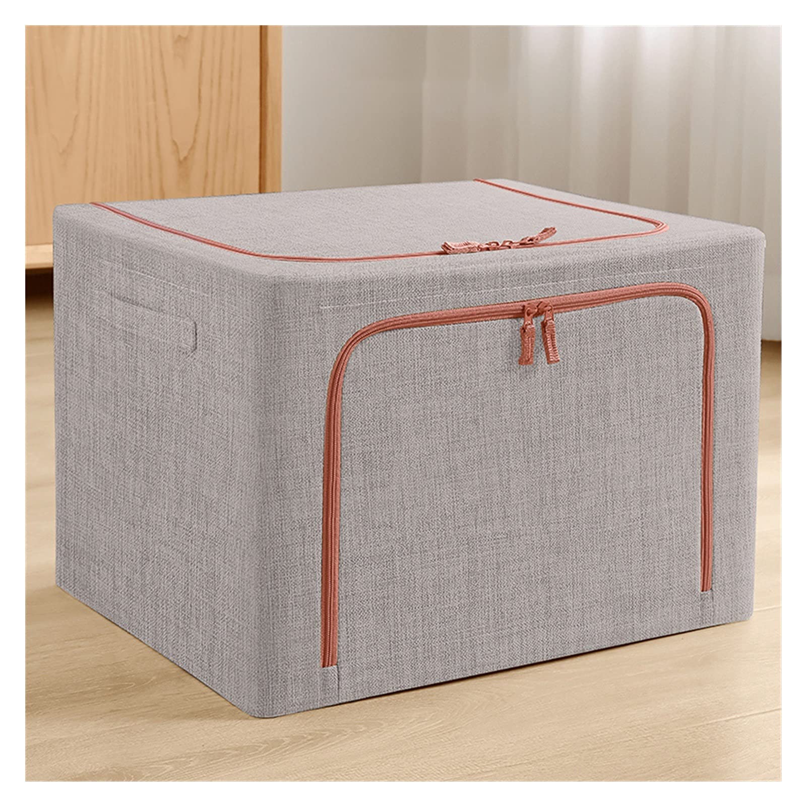 YWMEAC Stackable Closet Storage Boxes Organizing, Double Door Fabric Storage Boxes Organiser with Zippe/Light Grey/55L