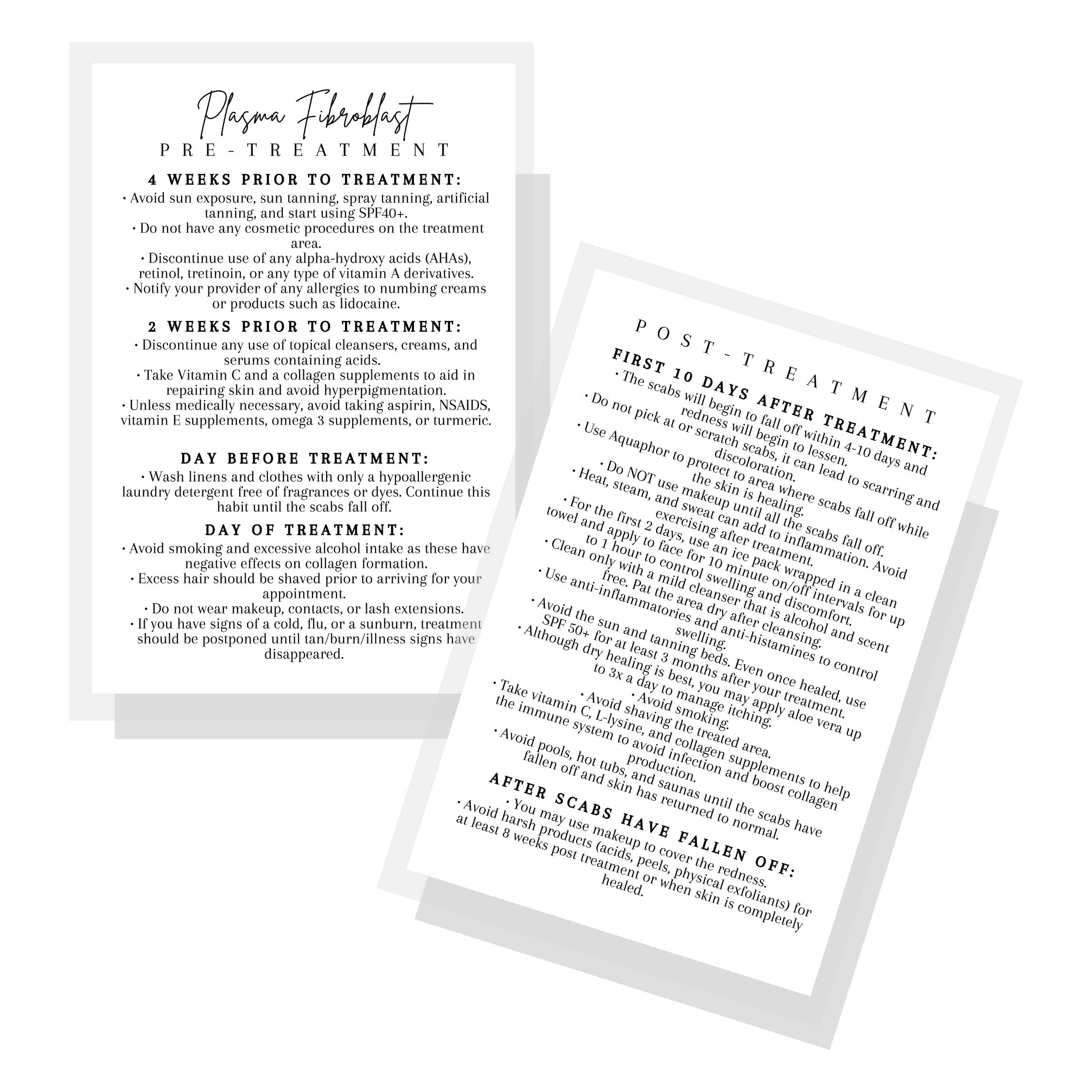Lashicorn Plasma Fibroblast Pre/Post Treatment Instruction Cards | 30 Pack | Size 4x6” inch Post Card | Fibroblast Supplies | White Card Design