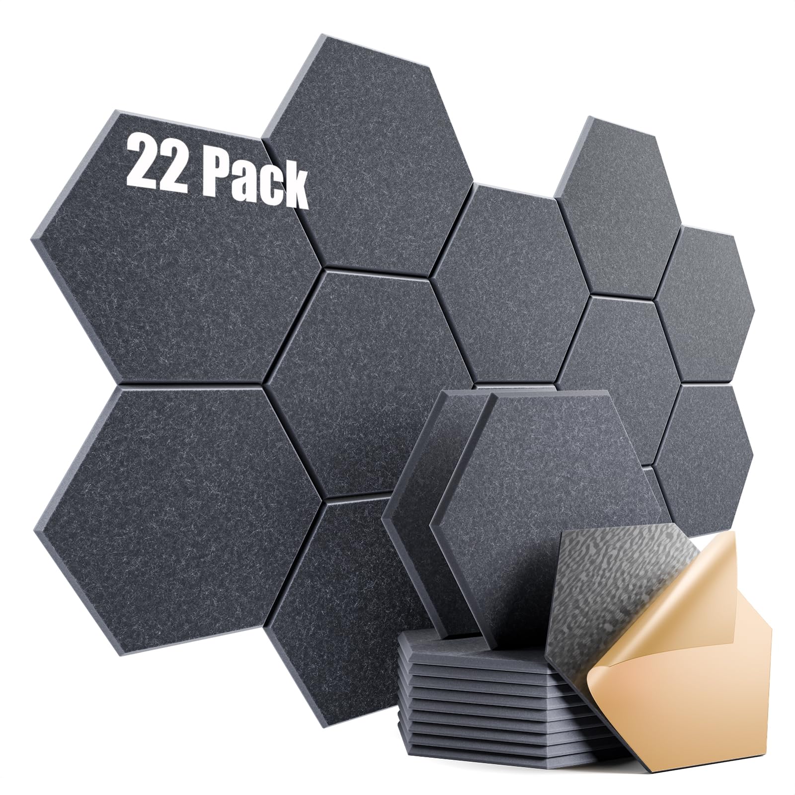 22 Pack Self-Adhesive Acoustic Panels 12" X 10" X 0.4" - Sound Proof Foam Panels with High Density, Hexagonal Design, Flame Resistant, Absorb Noise and Eliminate Echoes(Dark Gray)