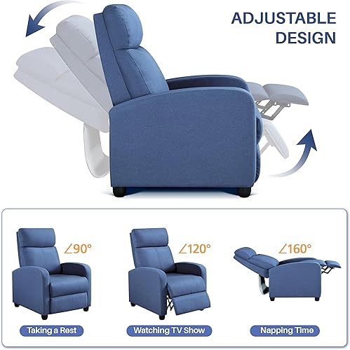 Miniatura 6 de Yaheetech Asiento de cine en casa Silla reclinable de tela moderna individual sala de estar sofá reclinable con bolsillo, resorte azul claro