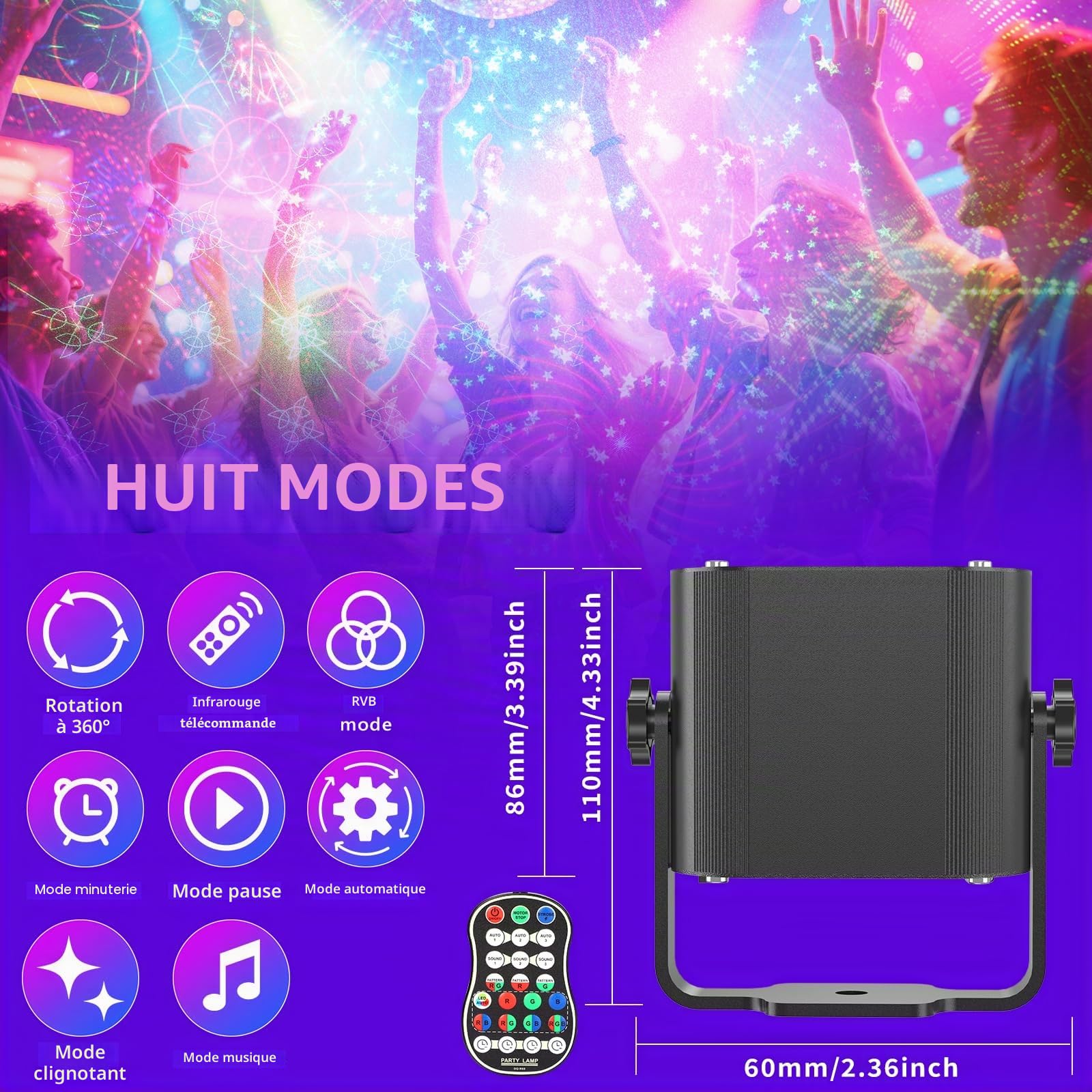 Lumière Disco Sans Fil à Batterie 4500mAh, Commande Musicale, 60 Modèles Différents, Effet Stroboscopique. Lumière de Fête avec Télécommande et USB 2M pour Famille, Enfants, Fêtes, Club