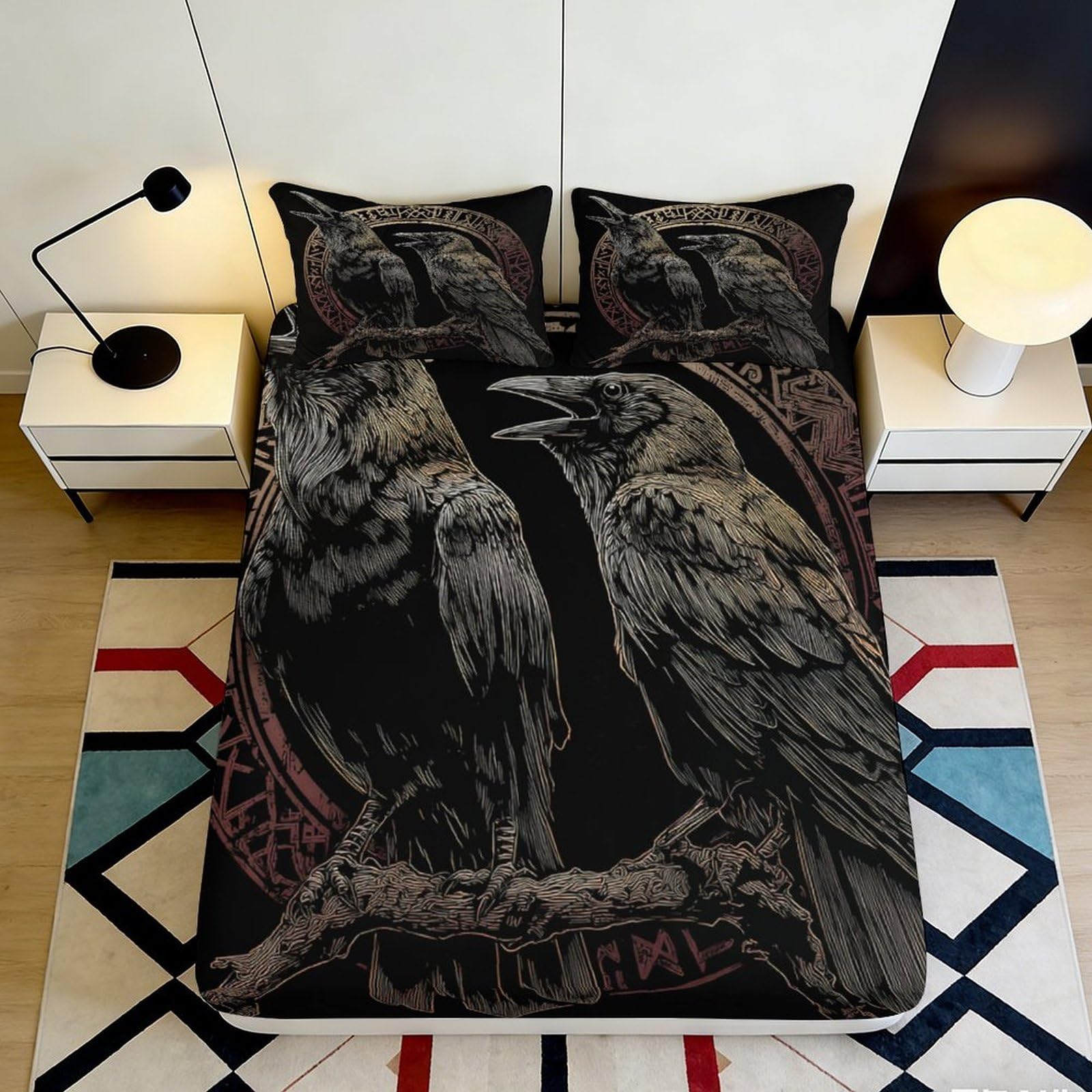 3D Printed Gothic Raven Fitted Sheet Microfiber Soft Breathable Crow Bed Cover for Bedroom Dormitory Guest Room Mattress Protection Decor 200x200x25cm