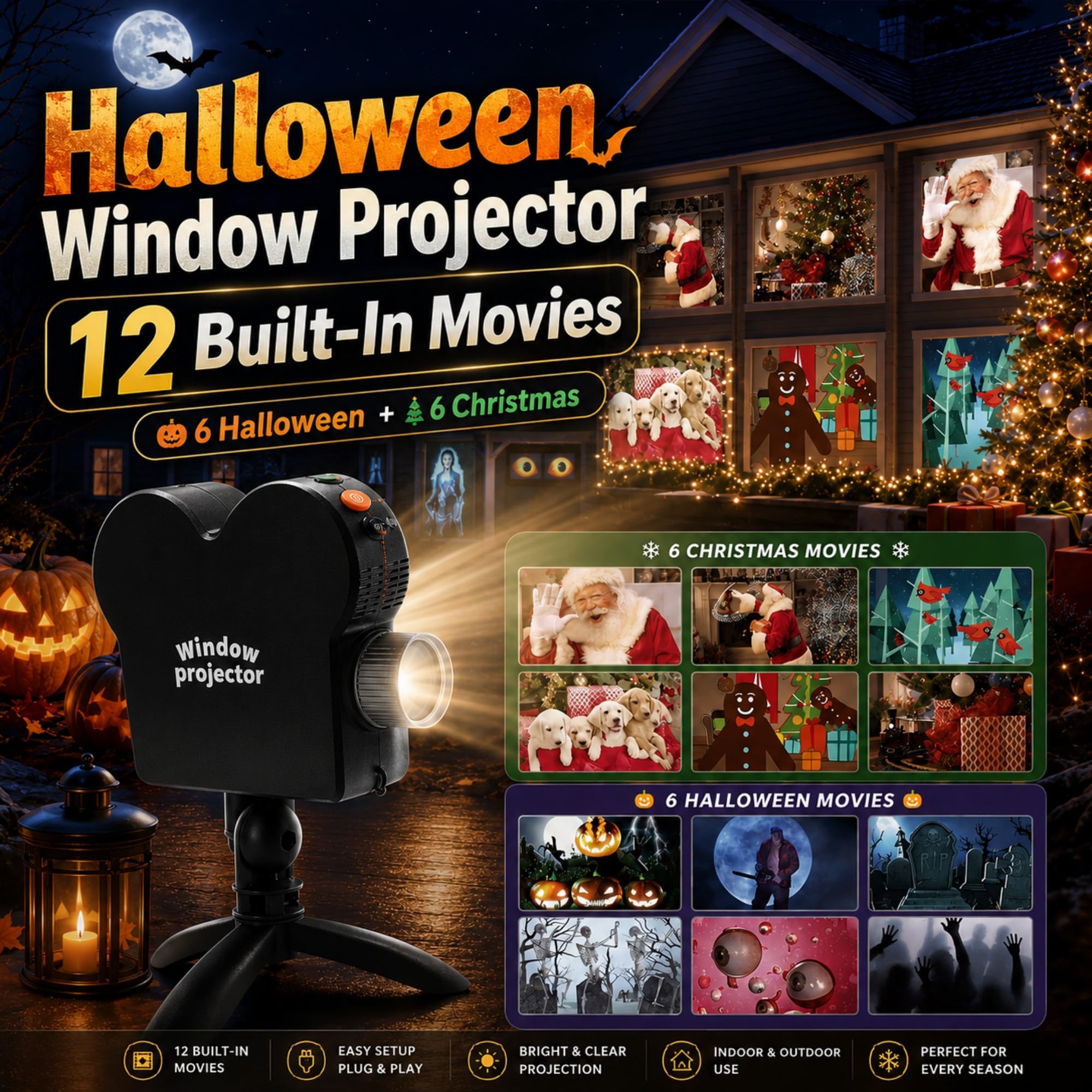 Halloween Projektor Fenster, Rückprojektor mit Stativ & 1,2x1,8m Projektionsleinwand, 6 Halloween & Weihnachts Motive, Horizontal/Vertikal Projektion für Fenster, Zuhause und Party Dekoration