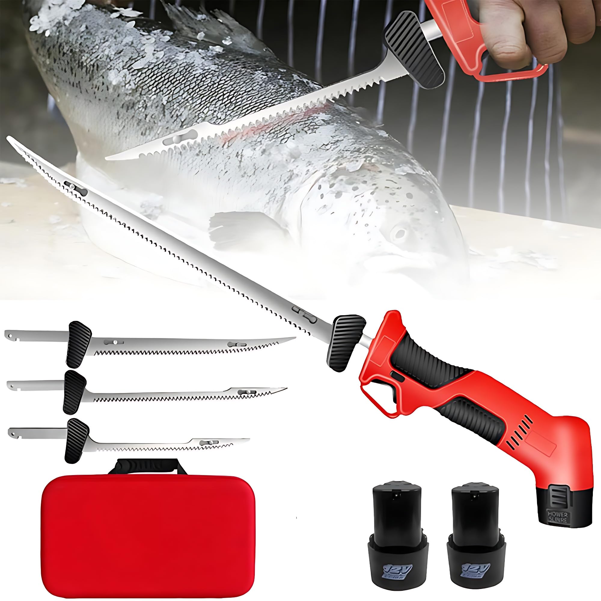 Cuchillo de Filete eléctrico inalámbrico para Pesca de Peces, Cuchillo eléctrico Recargable, con 4 Cuchillas afiladas alternativas, Orificio de enfriamiento de la batería, Mango Antideslizante
