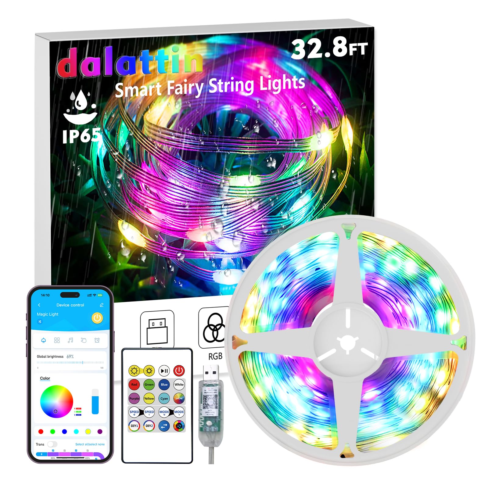 dalattindalattin Led Lights 32.8ft,Smart RGB IIC Fairy Lights 100 LEDs,130+ Holiday Scene Modes,IP65 Waterproof&Sync with Music Led String Lights,New Year Valentine's Decor with App&Remote Control