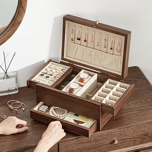 Miniatura 6 de Joyero de madera para mujer, cajones multifuncionales de 3 niveles, caja organizadora de joyas de nogal negro, reloj, collar, anillo, almacenamiento