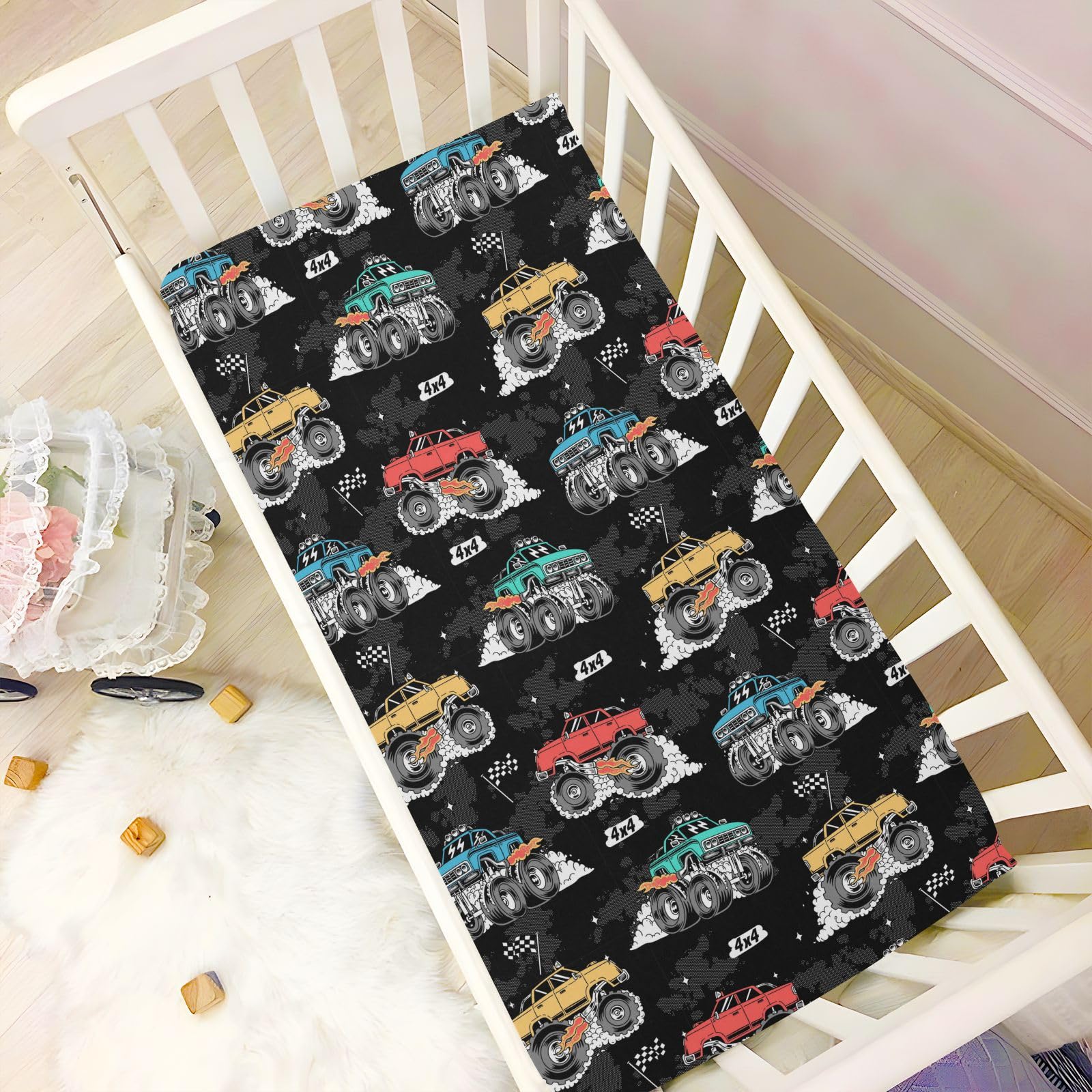 Baby Crib Sheet Monster Trucks Black Crib Mattress for Boys and Girls Playard Sheet Soft Breathable Fitted Baby Mattress Cover 52x28in