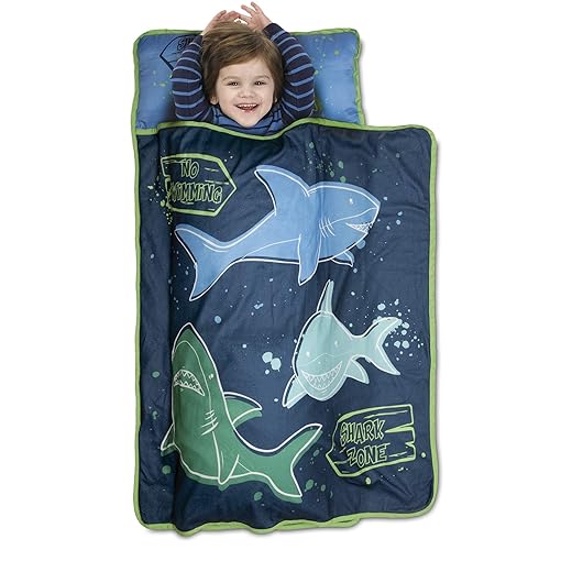Funhouse Shark Zone Kids Nap Mat Set – Includes Pillow and Fleece Blanket – Great for Boys Napping during Daycare or Preschool - Fits Toddlers, Blue