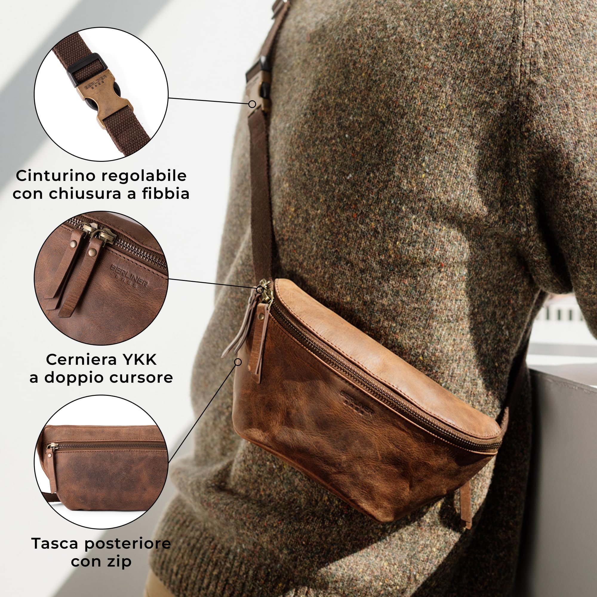 Berliner Bags Marsupio da Cintura Noah, Waist Bag Unisex Regolabile, Marsupio Uomo e Donna – Marrone