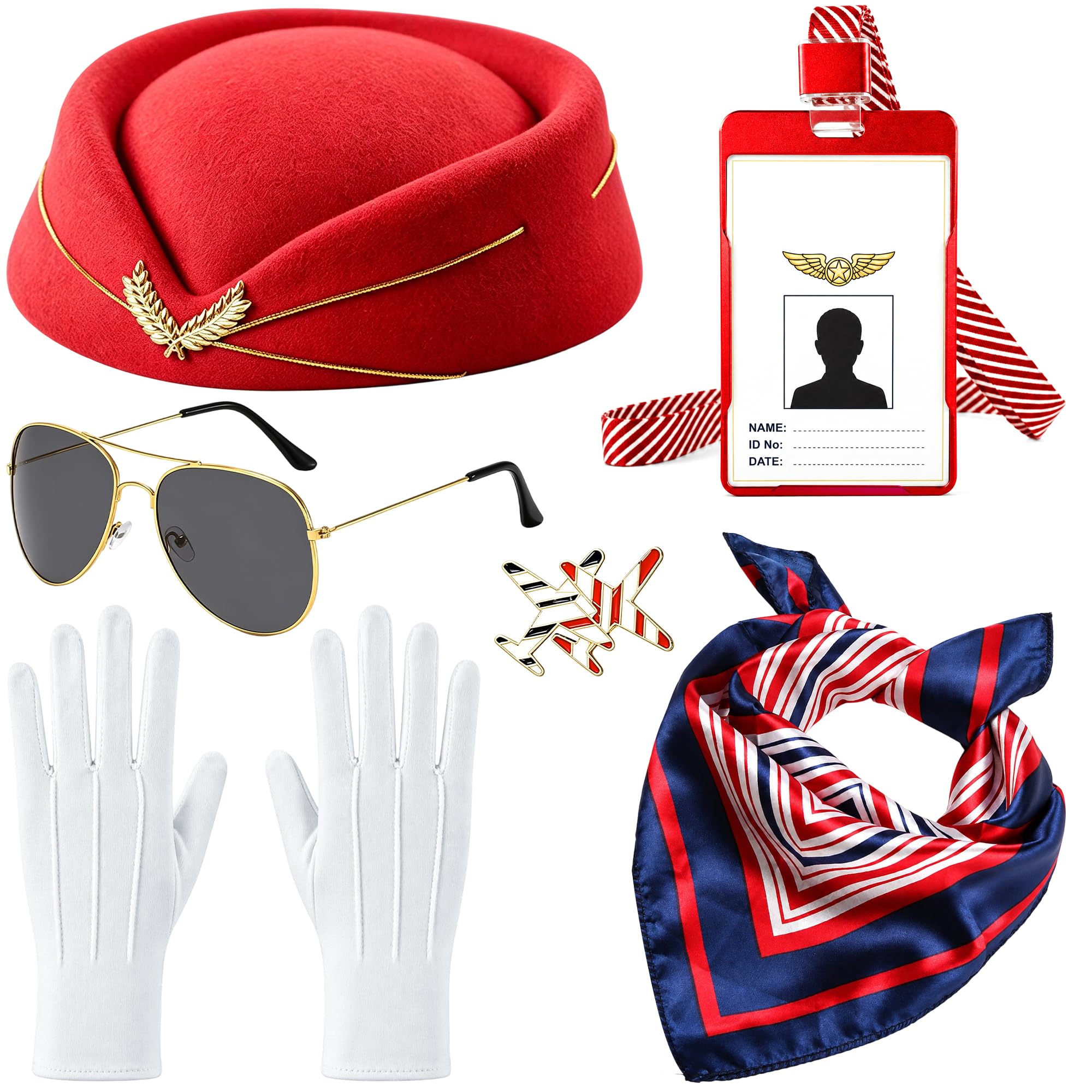 CozDazz 6PCS Flight Attendant Costume Accessories for Women, Air Hostess Costume Set with Hat Scarf Gloves Sunglasses ID Card & Plane Brooch, Stewardess Pilot Costume Women Fancy Dress