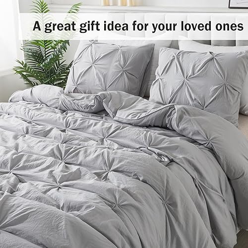 Miniatura 7 de Andency Juego de edredón de tamaño matrimonial color gris plateado (79 x 90 pulgadas), 3 piezas de edredón y juego de ropa de cama plisado moderno