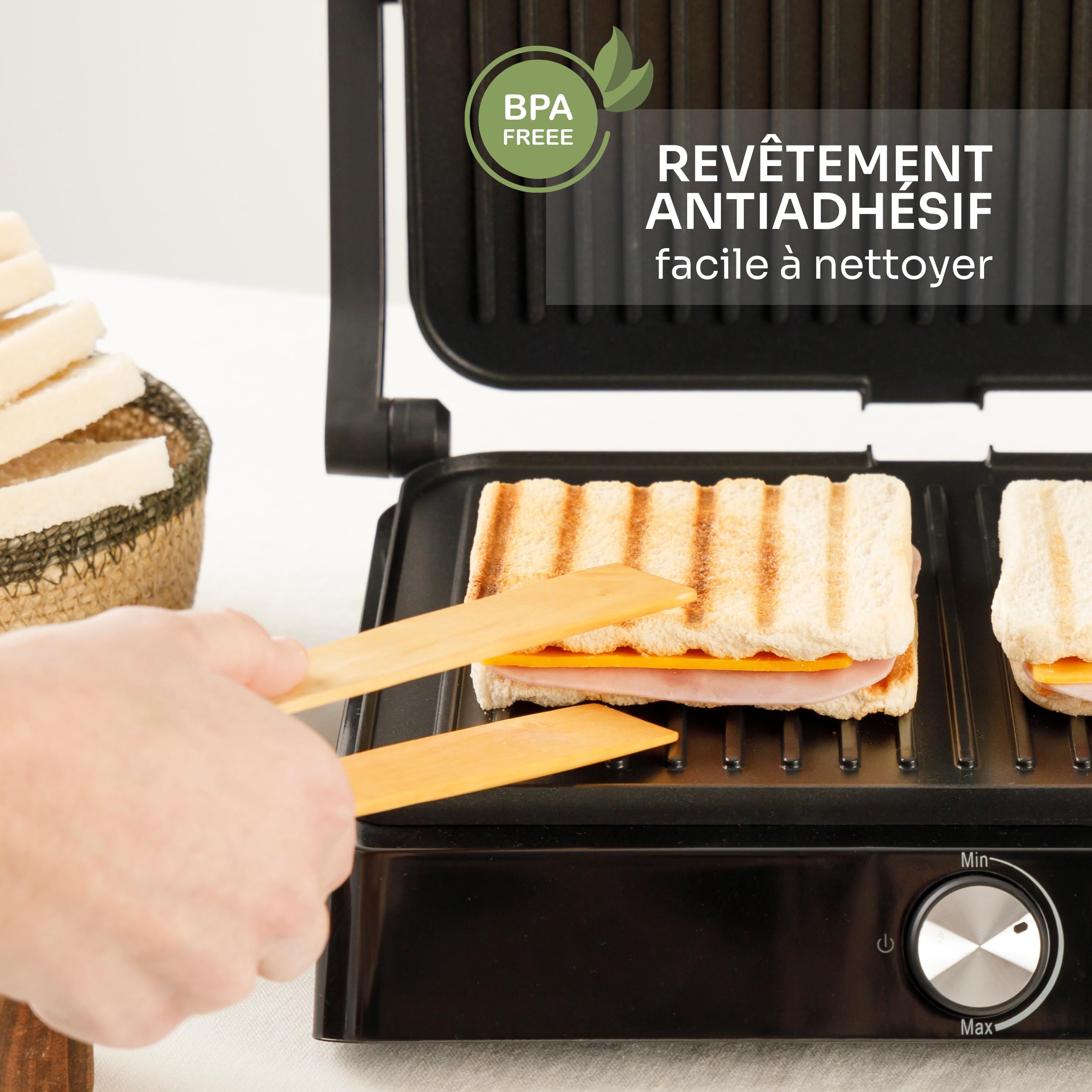 Mellerware - Gril électrique portable Hotty ! | 2200W | Anti-adhérent | 3 en 1 (Cuisinière, Assiette, Barbecue) | Régulateur de température | LED | Ouverture 180 degrés | 29 × 46 cm | Acier inoxydable