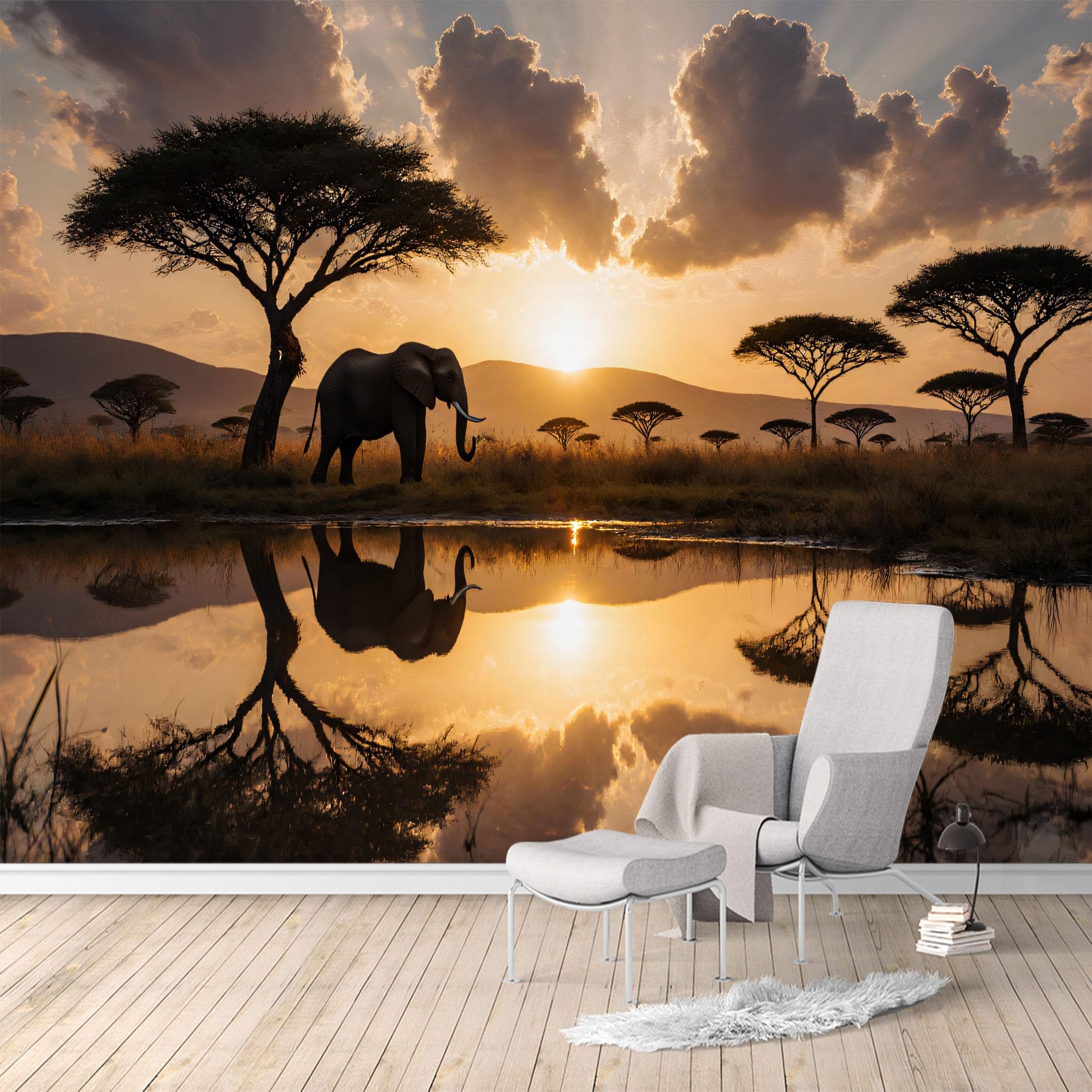Custom Size Wall Murals,African Elephant Sunset Savannah Landscape Reflection,SelfAdhesive Water Activated Removable Wall Covering,Large Photo Wallpaper for Living Room Bedroom Office