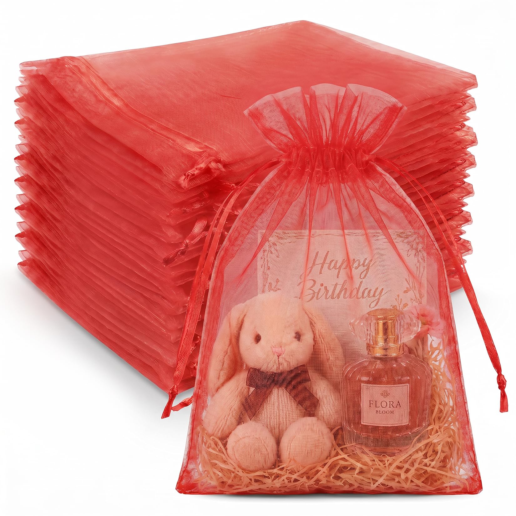 Crweety 50 Pcs Large Organza Bags 8x12, Red Small Gift Bags Drawstring Bulk