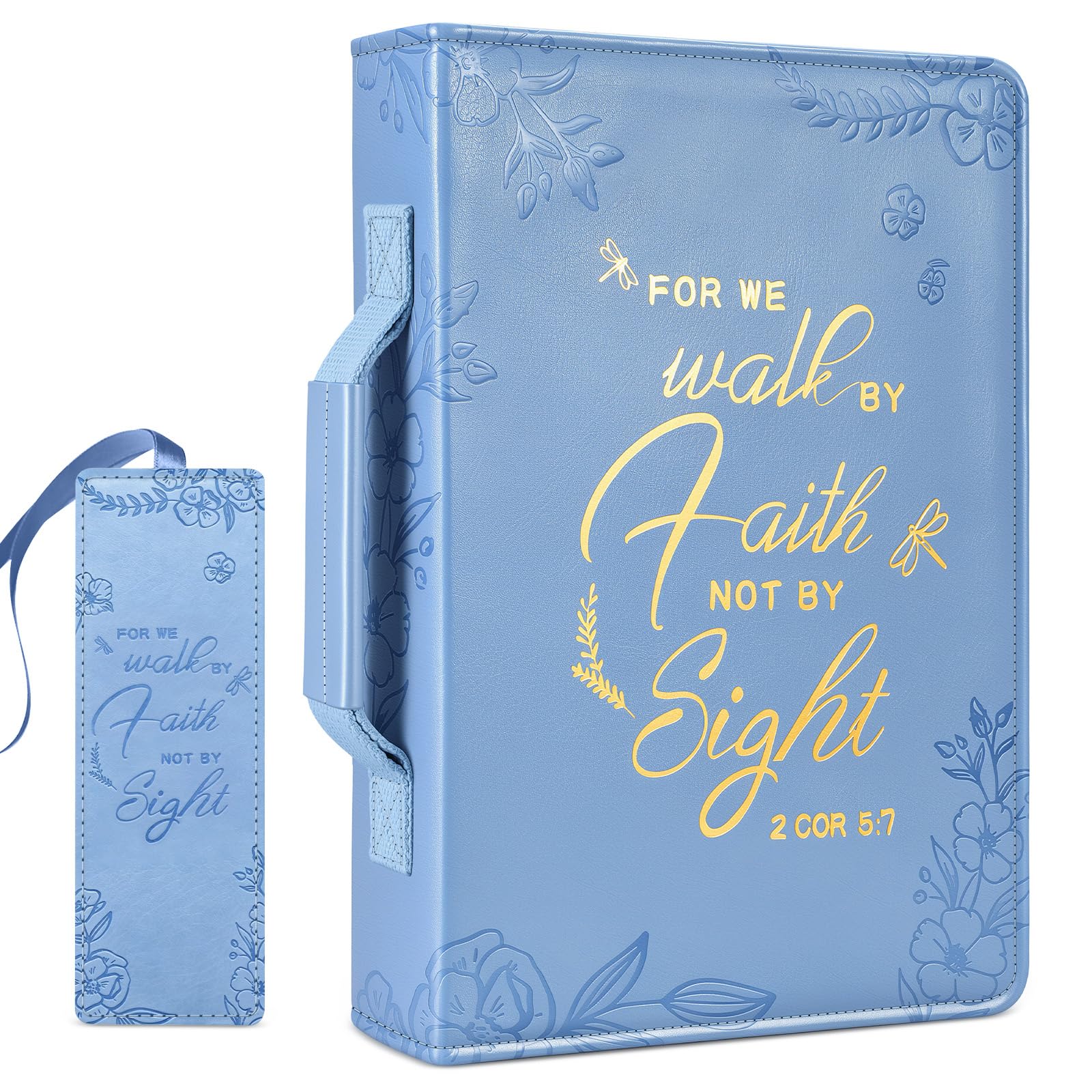 FINPAC Large Classic Bible Cover, Vegan Leather Carrying Book Case Church Bag Bible Protective with Handle, Gift for Men, Women, Light Blue — image 1