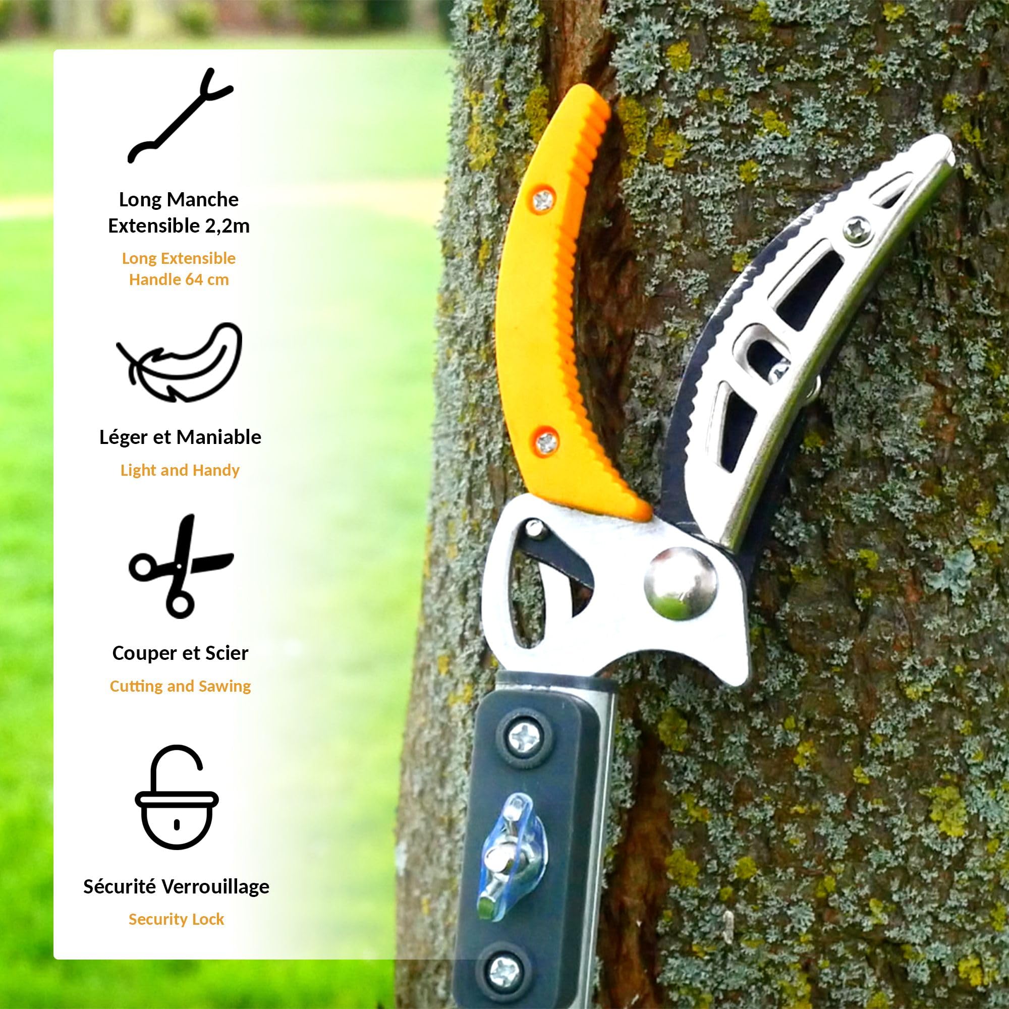 FISHTEC - Tijeras de jardín telescópicas extensibles de FISHTEC: de 1,37 a 2,2 m + sierra para el cuidado de árboles – tijeras para árboles – poda y corte de ramas – hoja de acero + yunque de agarre